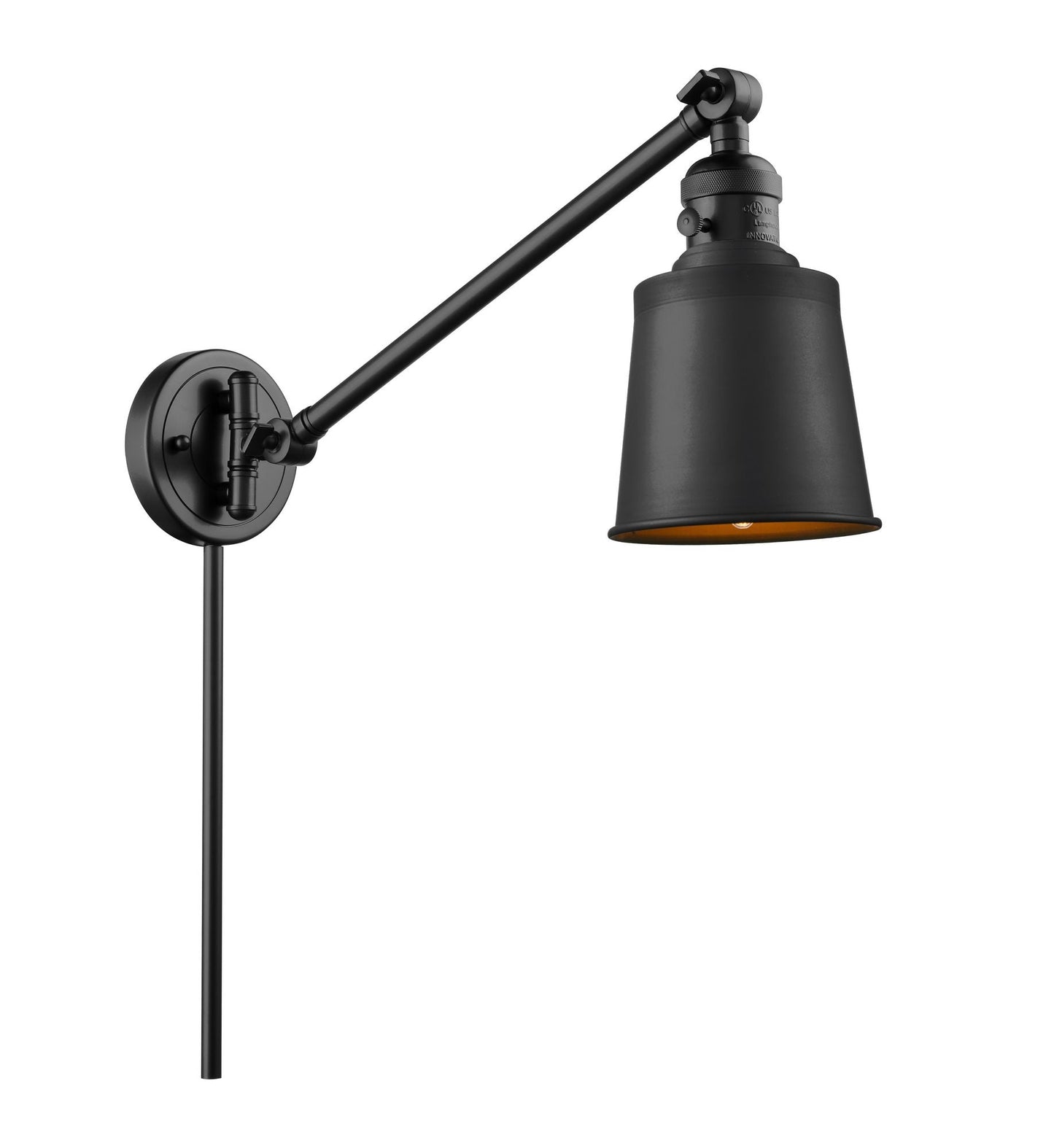 1-Light 8" Matte Black Addison Swing Arm With Switch - Cone Matte Black Glass - Incandesent Or LED Bulbs