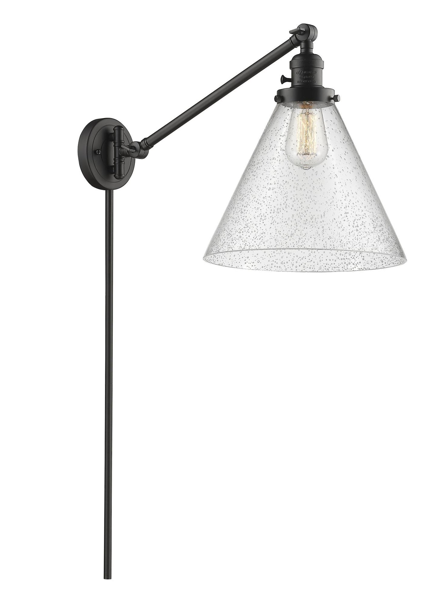 237-OB-G44-L 1-Light 12" Oil Rubbed Bronze Swing Arm - Seedy Cone 12" Glass - LED Bulb - Dimmensions: 12 x 16 x 16 - Glass Up or Down: Yes