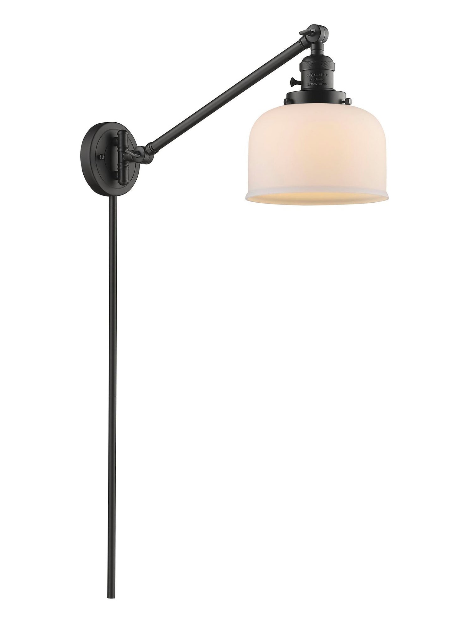 237-OB-G71 1-Light 8" Oil Rubbed Bronze Swing Arm - Matte White Cased Large Bell Glass - LED Bulb - Dimmensions: 8 x 21 x 25 - Glass Up or Down: Yes