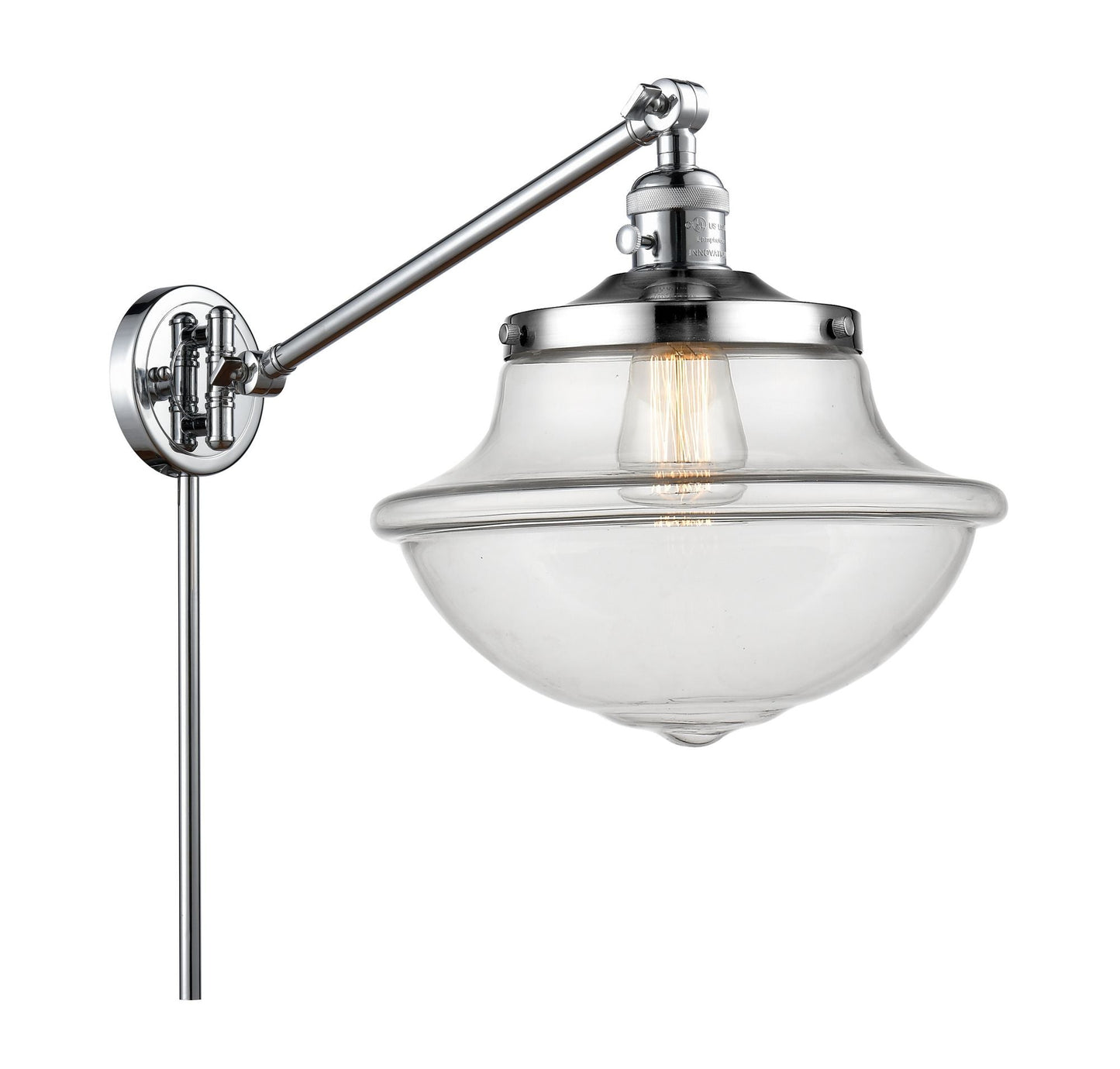 237-PC-G542 1-Light 11.75" Polished Chrome Swing Arm - Clear Large Oxford Glass - LED Bulb - Dimmensions: 11.75 x 20 x 13 - Glass Up or Down: Yes