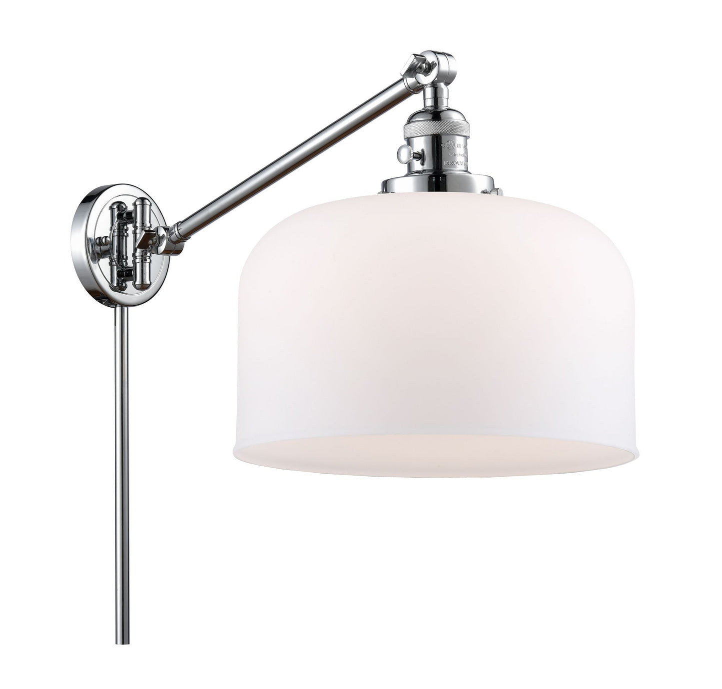 237-PC-G71-L 1-Light 12" Polished Chrome Swing Arm - Matte White Cased X-Large Bell Glass - LED Bulb - Dimmensions: 12 x 12 x 13 - Glass Up or Down: Yes