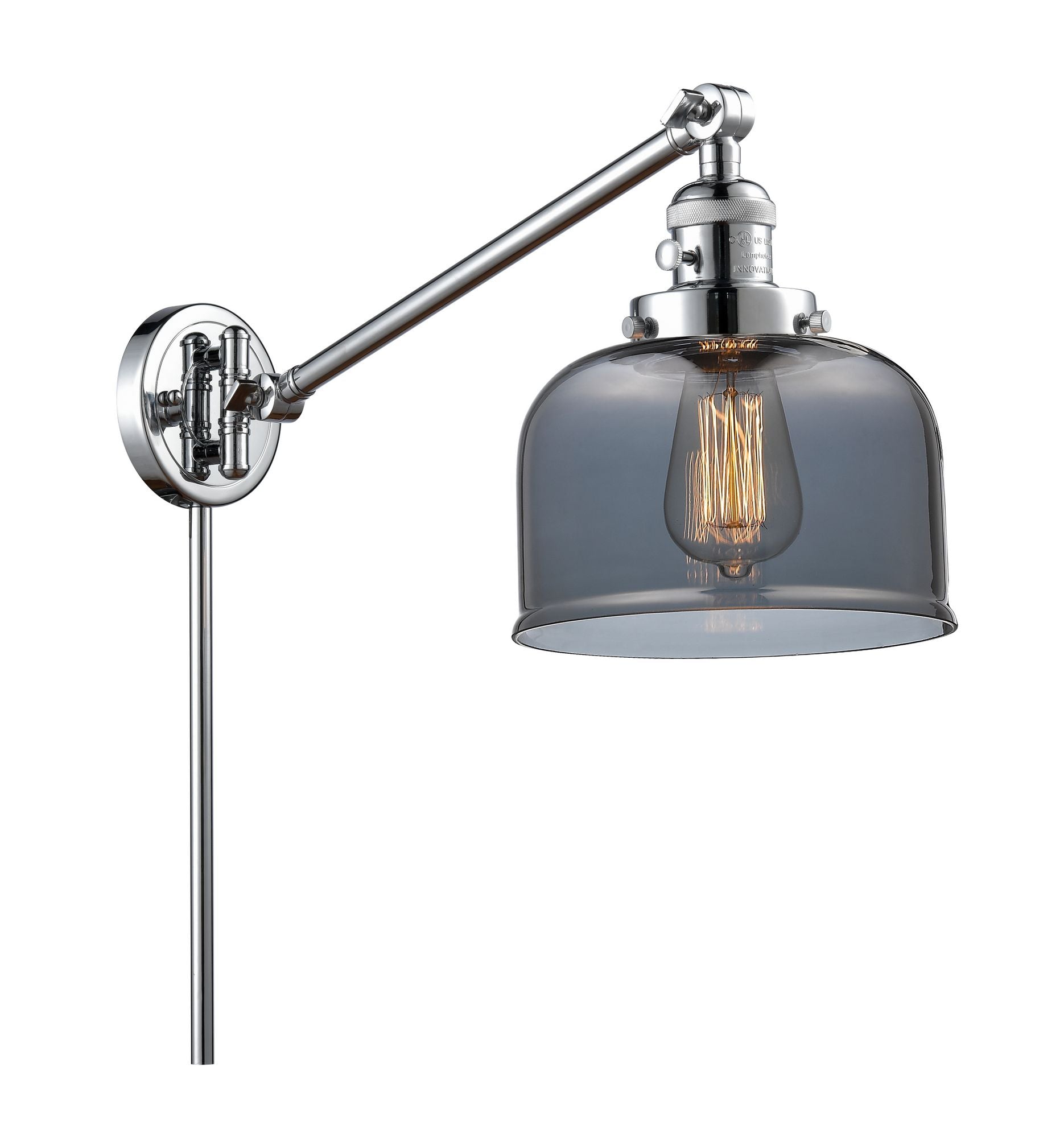 237-PC-G73 1-Light 8" Polished Chrome Swing Arm - Plated Smoke Large Bell Glass - LED Bulb - Dimmensions: 8 x 21 x 25 - Glass Up or Down: Yes