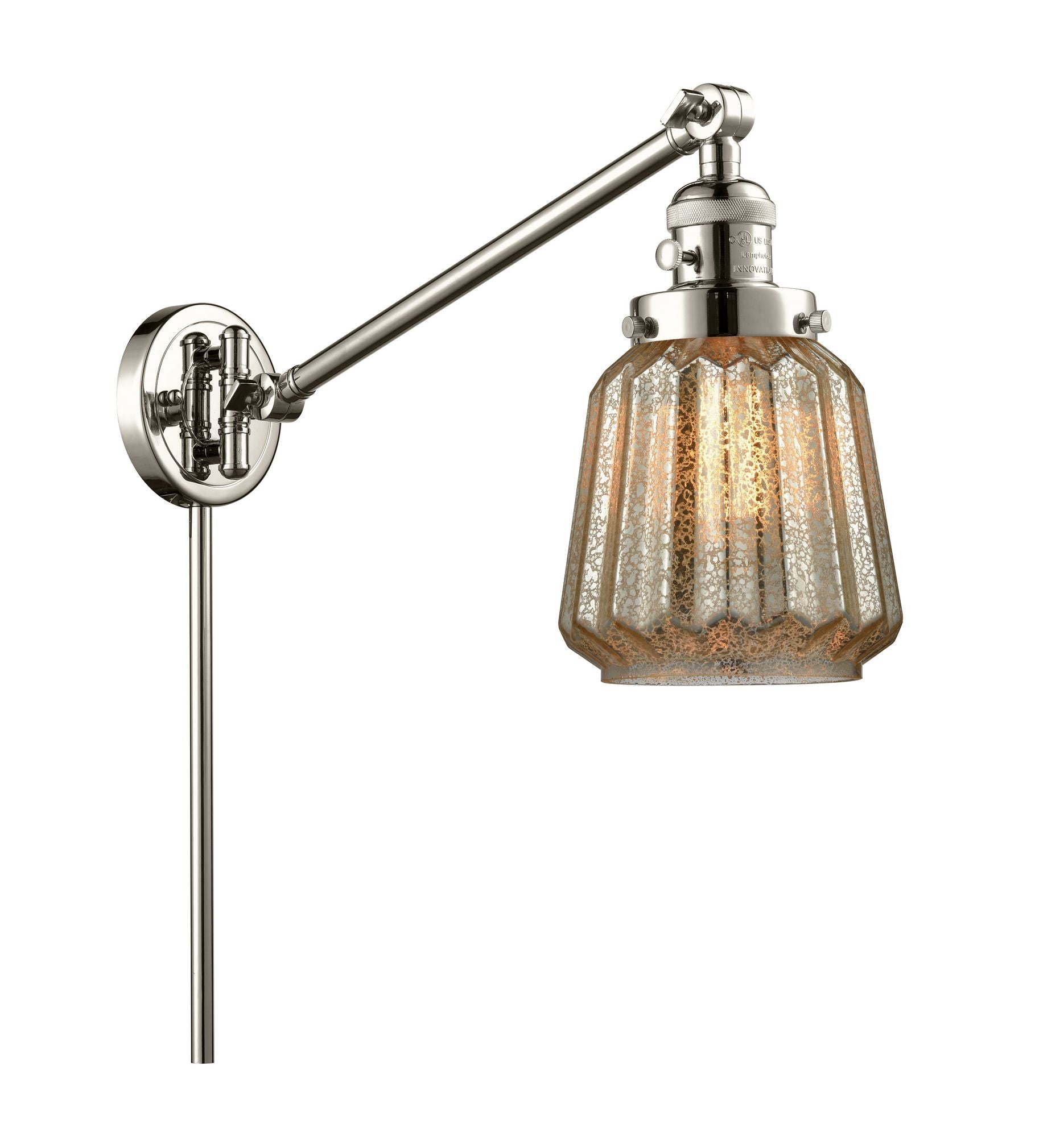 237-PN-G146 1-Light 8" Polished Nickel Swing Arm - Mercury Plated Chatham Glass - LED Bulb - Dimmensions: 8 x 35 x 25 - Glass Up or Down: Yes