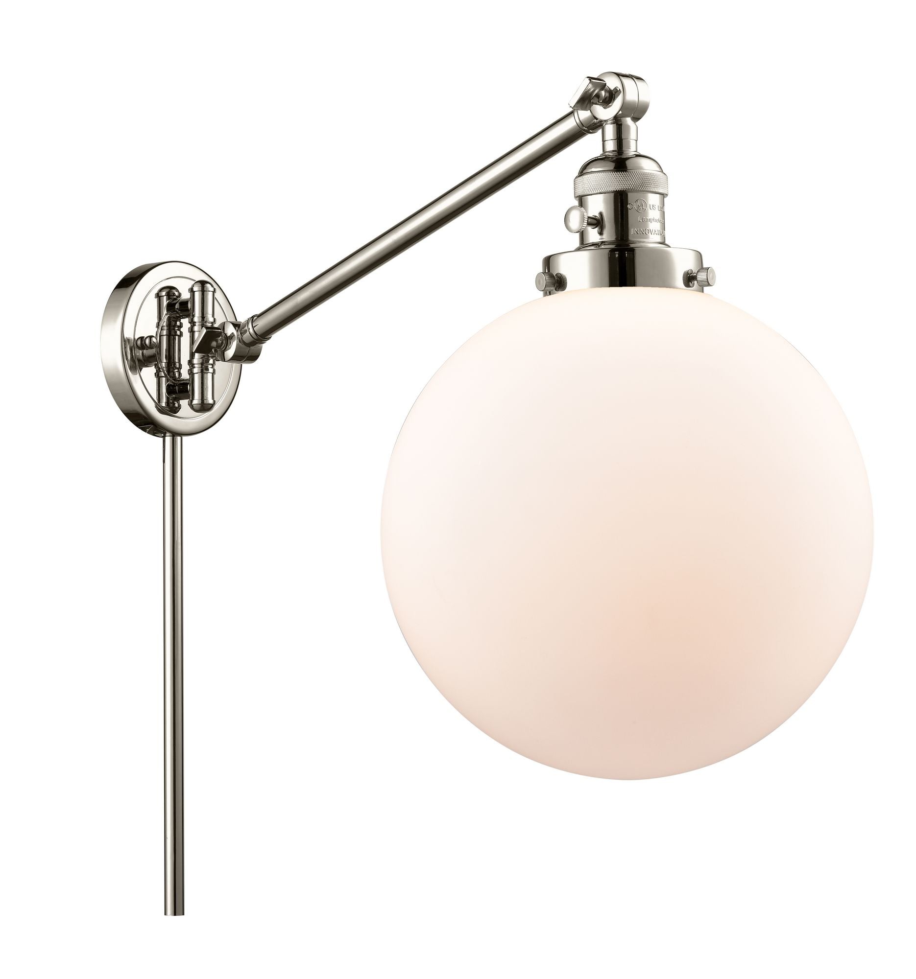 237-PN-G201-10 1-Light 10" Polished Nickel Swing Arm - Matte White Cased Beacon Glass - LED Bulb - Dimmensions: 10 x 18 x 14 - Glass Up or Down: Yes