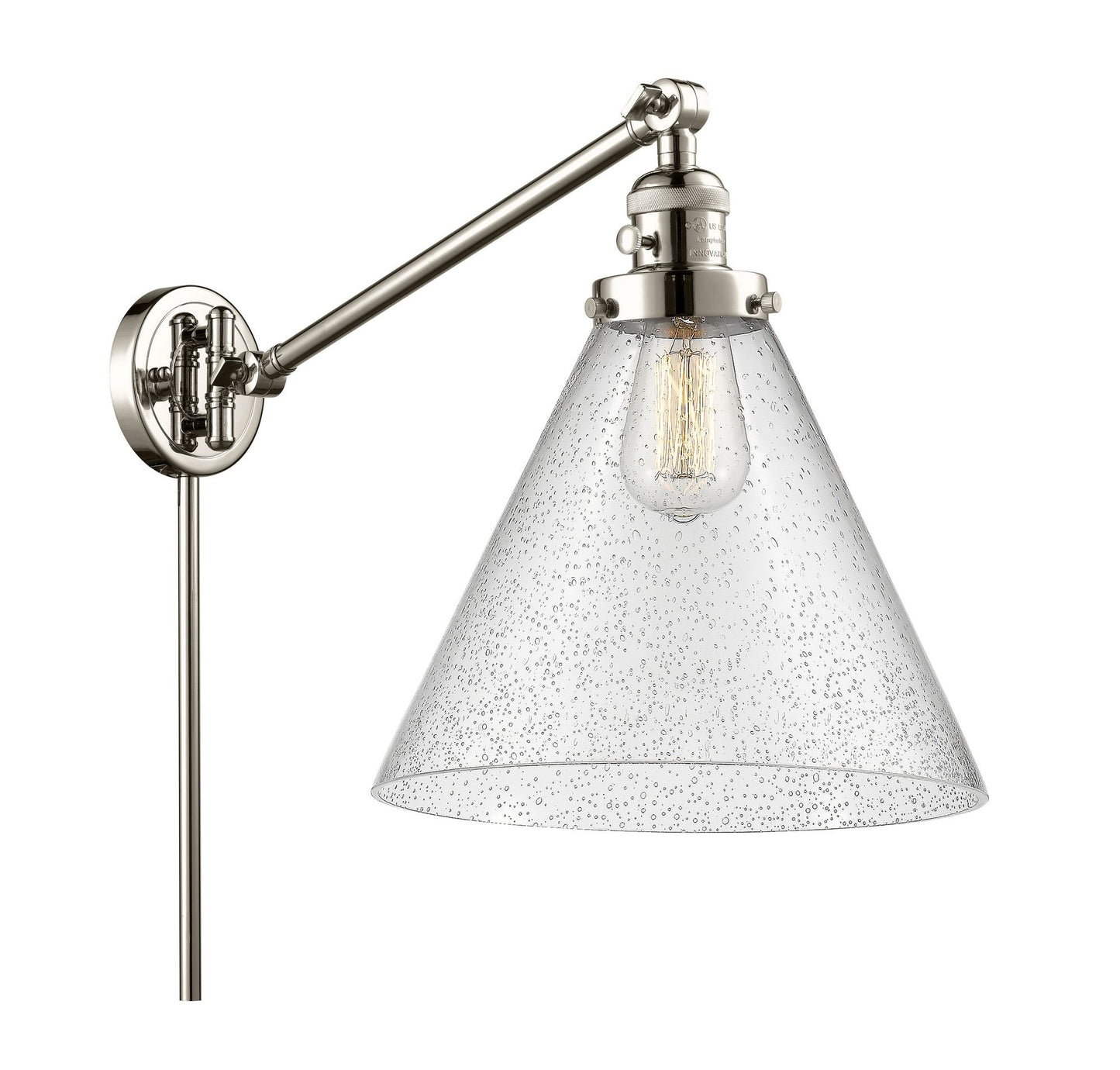 237-PN-G44-L 1-Light 12" Polished Nickel Swing Arm - Seedy Cone 12" Glass - LED Bulb - Dimmensions: 12 x 16 x 16 - Glass Up or Down: Yes