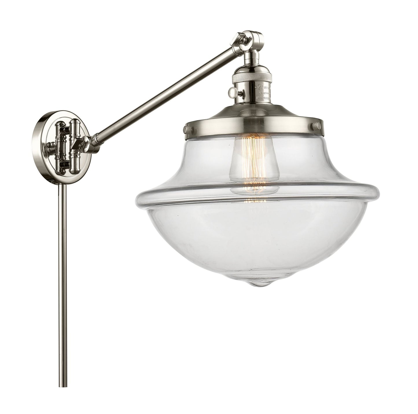 237-PN-G542 1-Light 11.75" Polished Nickel Swing Arm - Clear Large Oxford Glass - LED Bulb - Dimmensions: 11.75 x 20 x 13 - Glass Up or Down: Yes