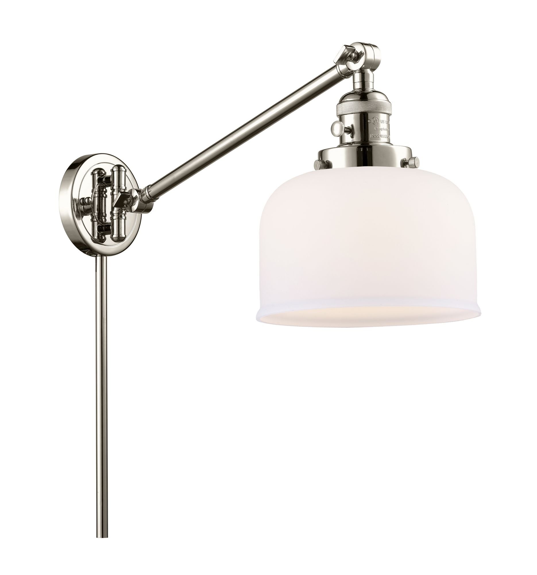 237-PN-G71 1-Light 8" Polished Nickel Swing Arm - Matte White Cased Large Bell Glass - LED Bulb - Dimmensions: 8 x 21 x 25 - Glass Up or Down: Yes