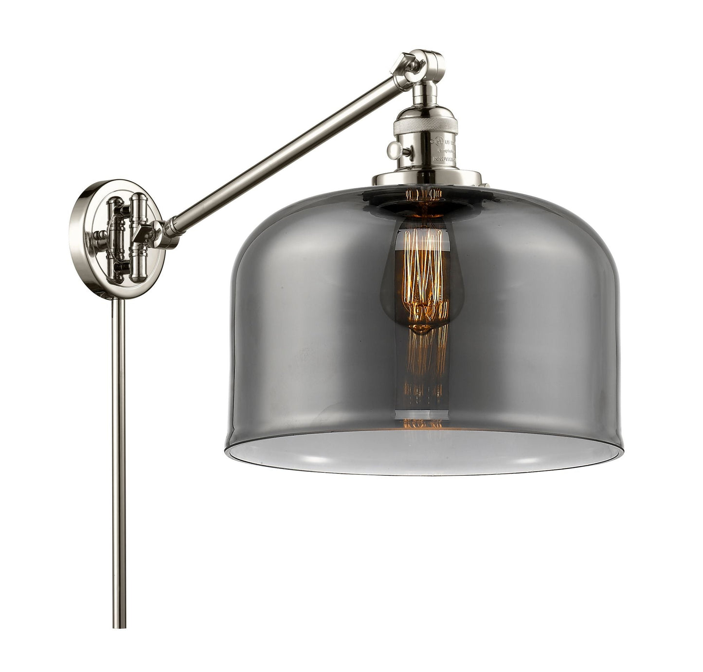 237-PN-G73-L 1-Light 12" Polished Nickel Swing Arm - Plated Smoke X-Large Bell Glass - LED Bulb - Dimmensions: 12 x 12 x 13 - Glass Up or Down: Yes