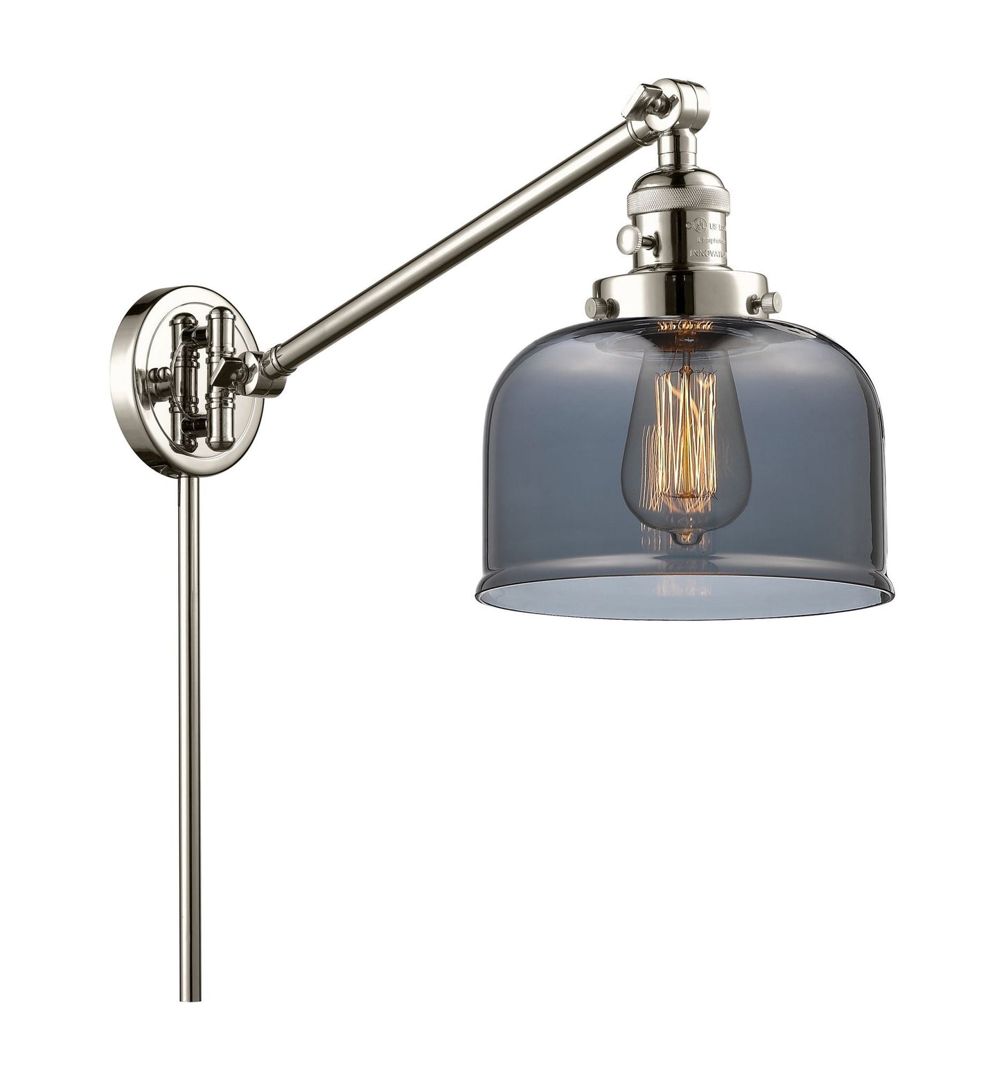 237-PN-G73 1-Light 8" Polished Nickel Swing Arm - Plated Smoke Large Bell Glass - LED Bulb - Dimmensions: 8 x 21 x 25 - Glass Up or Down: Yes