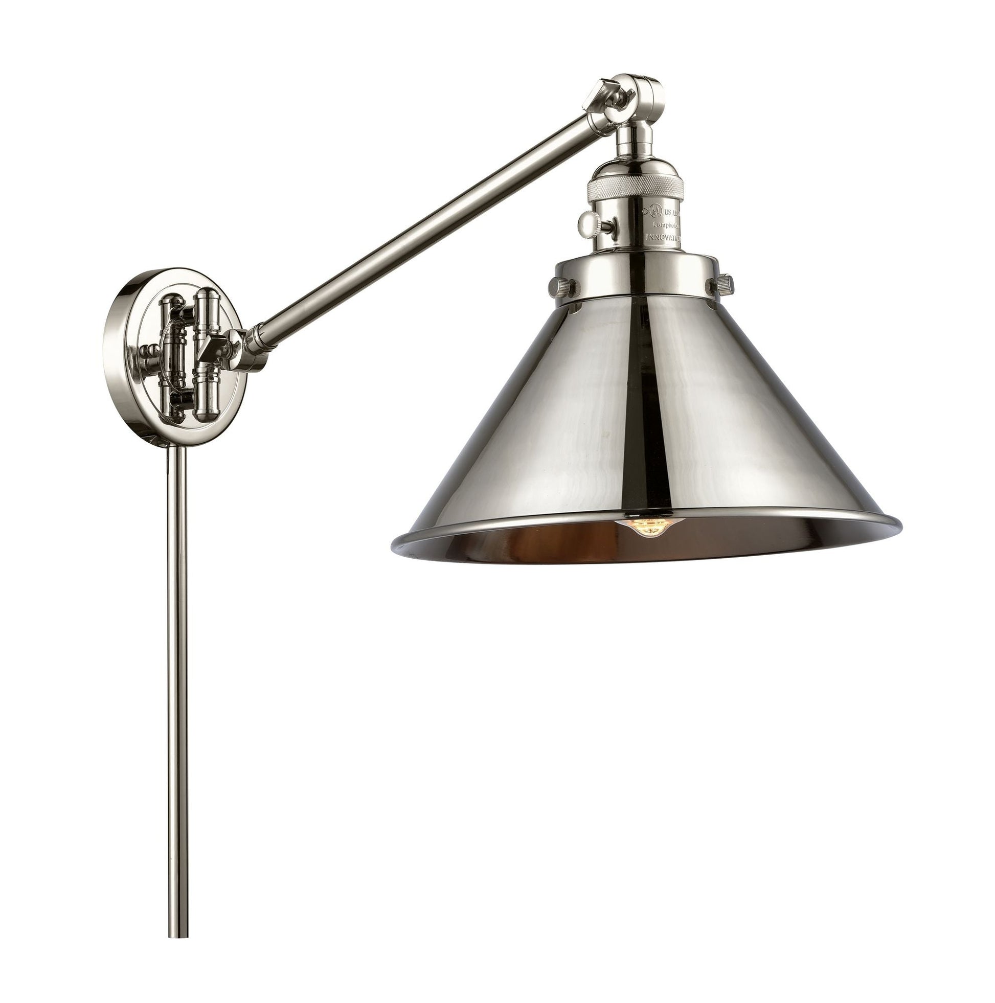 1-Light 10" Polished Nickel Swing Arm - Polished Nickel Briarcliff Shade - Incandesent Or LED Bulbs