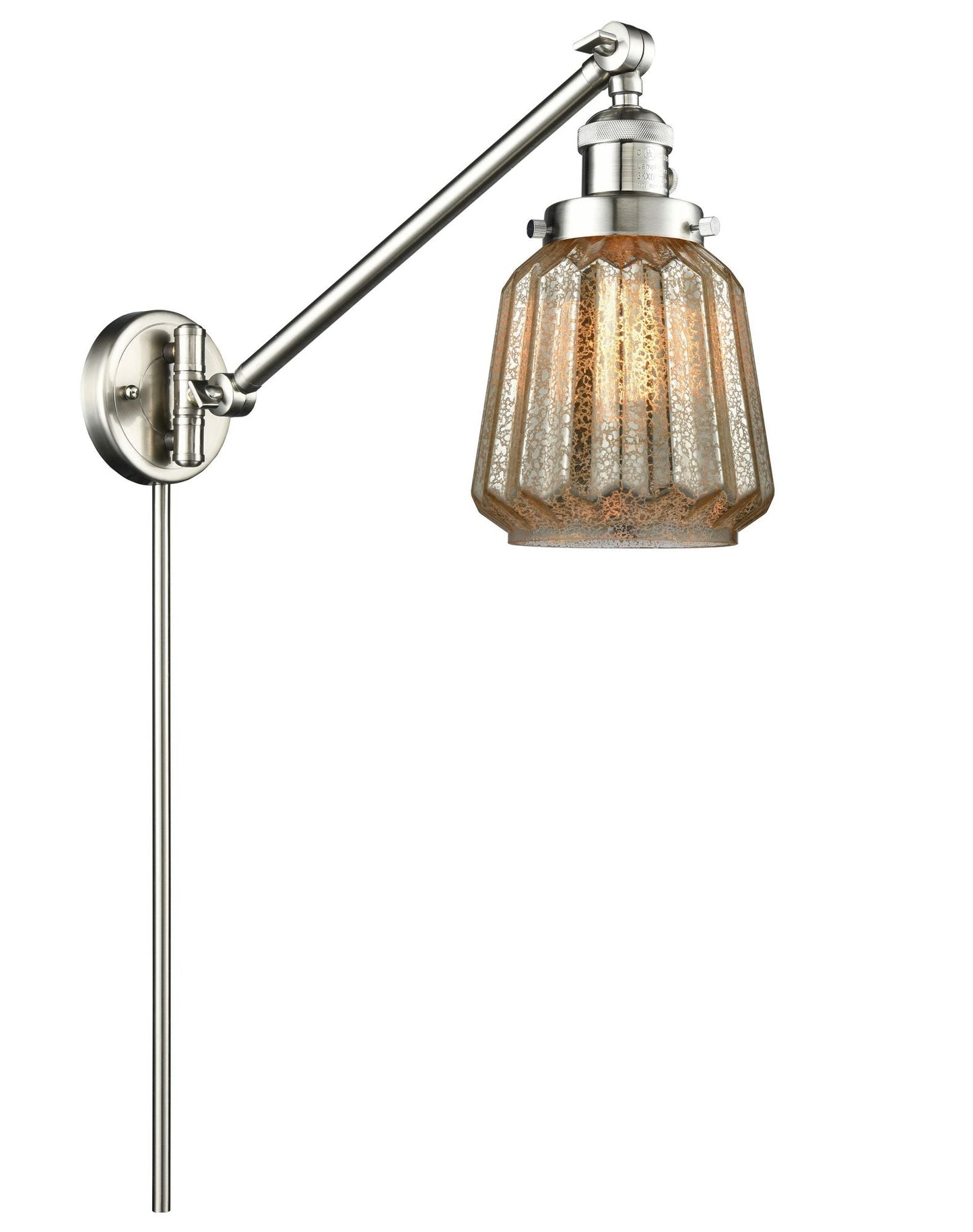 237-SN-G146 1-Light 8" Brushed Satin Nickel Swing Arm - Mercury Plated Chatham Glass - LED Bulb - Dimmensions: 8 x 35 x 25 - Glass Up or Down: Yes