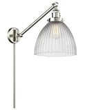 237-SN-G222 1-Light 9.5" Brushed Satin Nickel Swing Arm - Clear Halophane Seneca Falls Glass - LED Bulb - Dimmensions: 9.5 x 18 x 16 - Glass Up or Down: Yes
