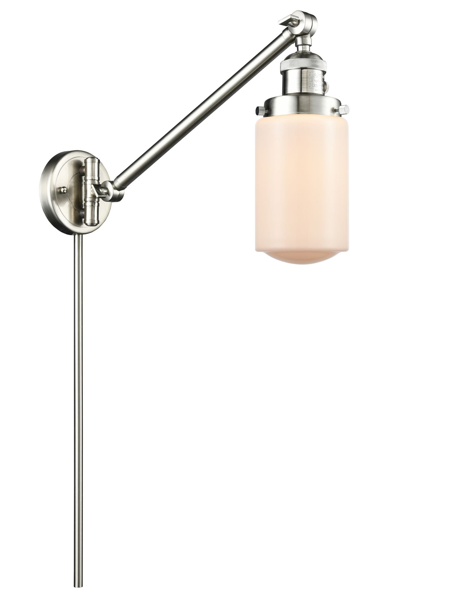237-SN-G311 1-Light 4.5" Brushed Satin Nickel Swing Arm - Matte White Cased Dover Glass - LED Bulb - Dimmensions: 4.5 x 30 x 25.75 - Glass Up or Down: Yes