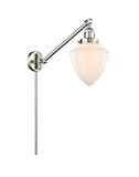 237-SN-G661-7 1-Light 7" Brushed Satin Nickel Swing Arm - Matte White Cased Small Bullet Glass - LED Bulb - Dimmensions: 7 x 19.5 x 15.75 - Glass Up or Down: Yes