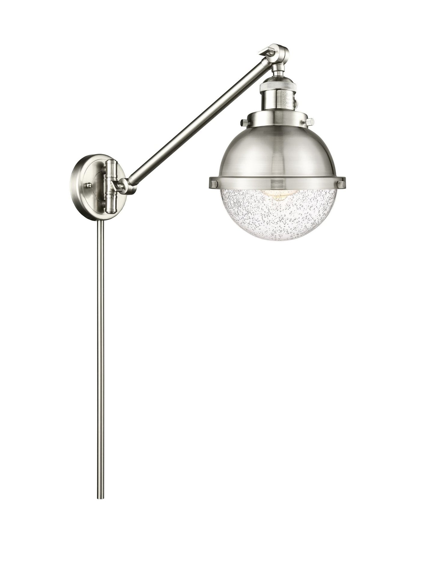 237-SN-HFS-64-SN 1-Light 7.25" Brushed Satin Nickel Swing Arm - Seedy Hampden Glass - LED Bulb - Dimmensions: 7.25 x 19.625 x 11 - Glass Up or Down: Yes