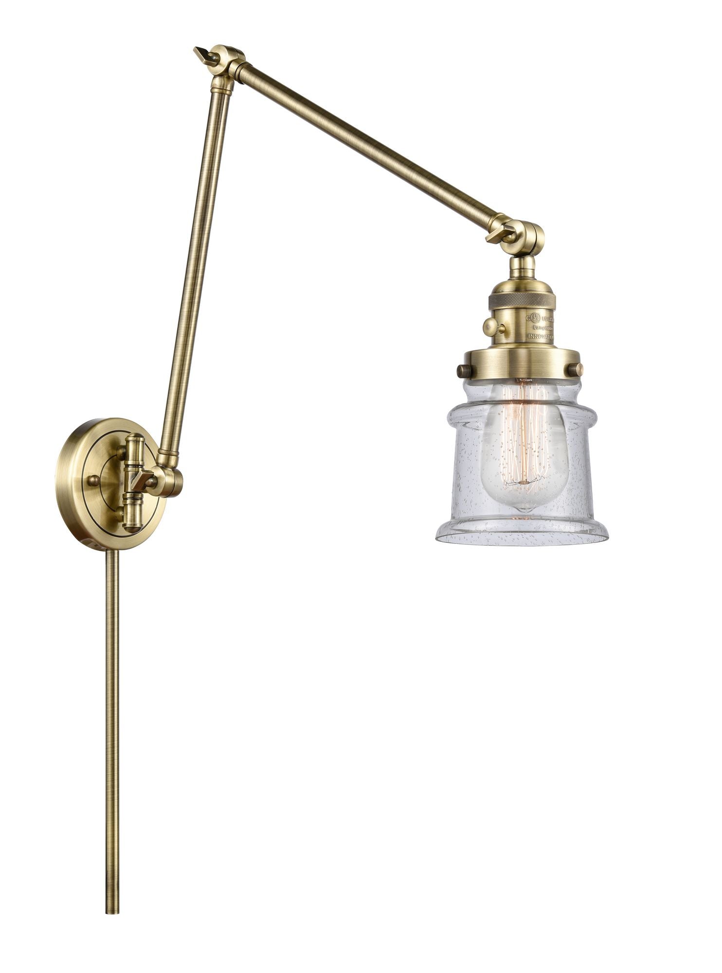 238-AB-G184S 1-Light 8" Antique Brass Swing Arm - Seedy Small Canton Glass - LED Bulb - Dimmensions: 8 x 30 x 30 - Glass Up or Down: Yes
