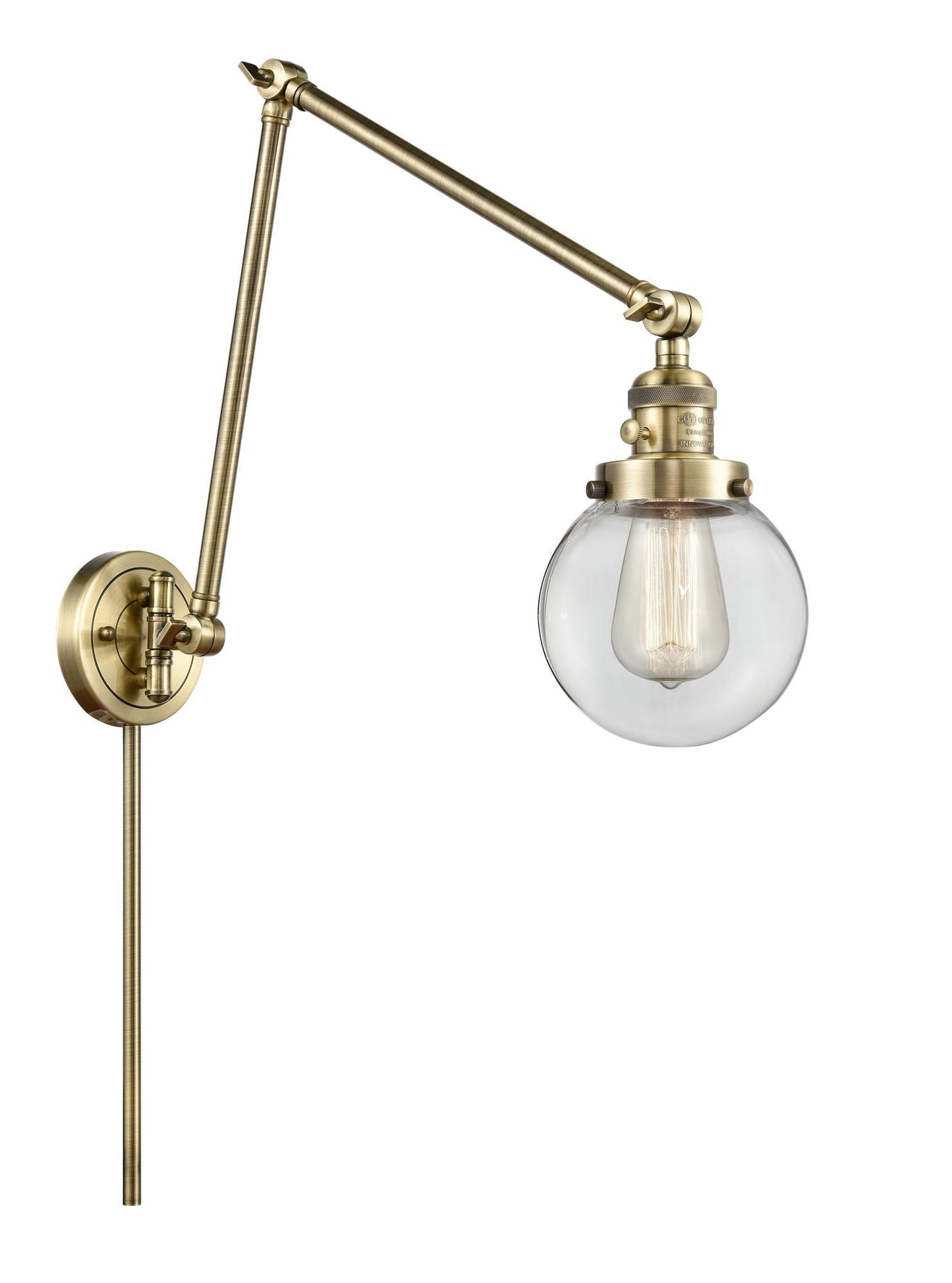 1-Light 6" Antique Brass Swing Arm - Clear Beacon Glass LED - w/Switch