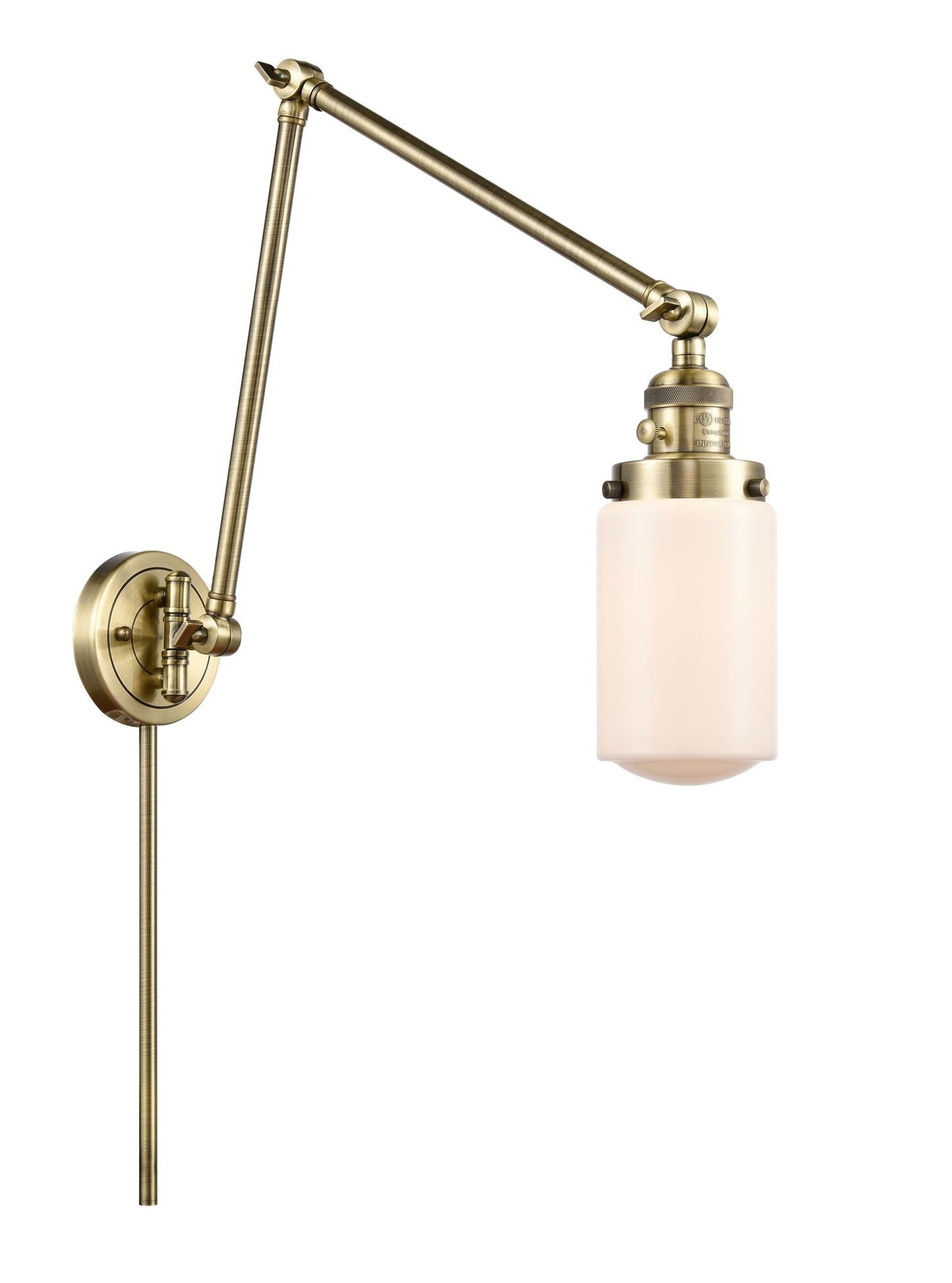 1-Light 4.5" Dover Swing Arm With Switch - Cylinder Matte White Glass - Choice of Finish And Incandesent Or LED Bulbs