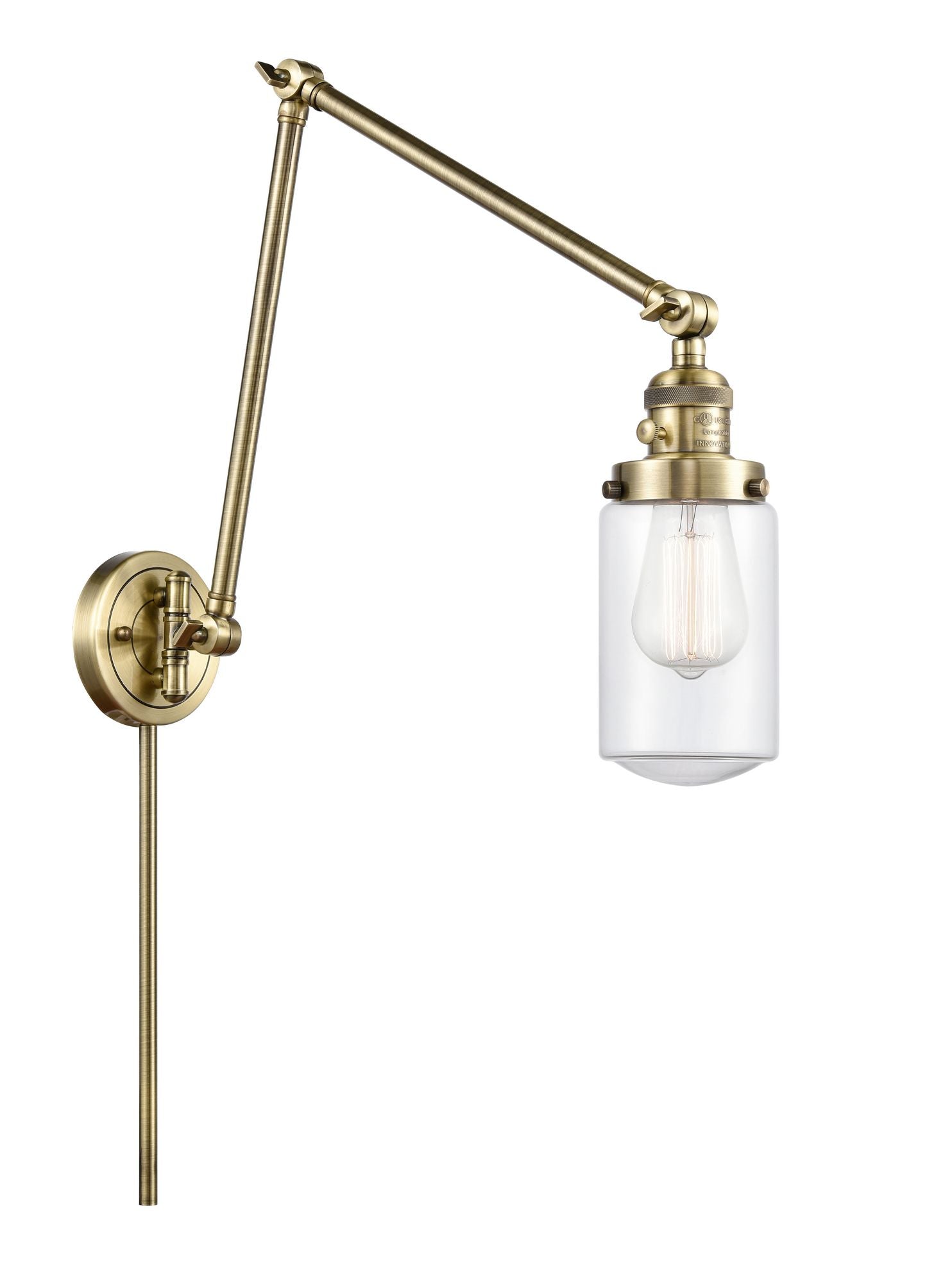 1-Light 4.5" Dover Swing Arm With Switch - Cylinder Clear Glass - Choice of Finish And Incandesent Or LED Bulbs