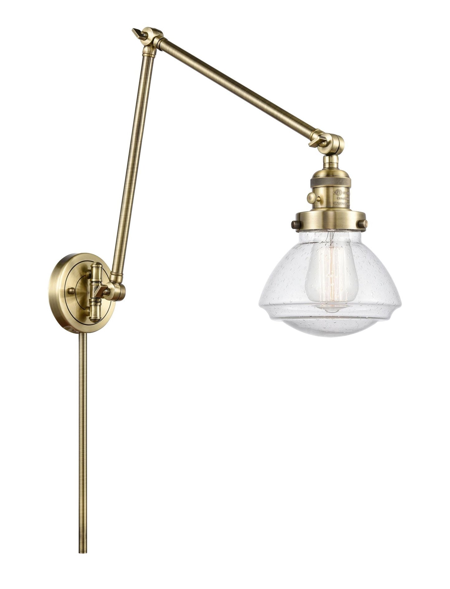 1-Light 8.75" Olean Swing Arm With Switch - Bell-Urn Seedy Glass - Choice of Finish And Incandesent Or LED Bulbs