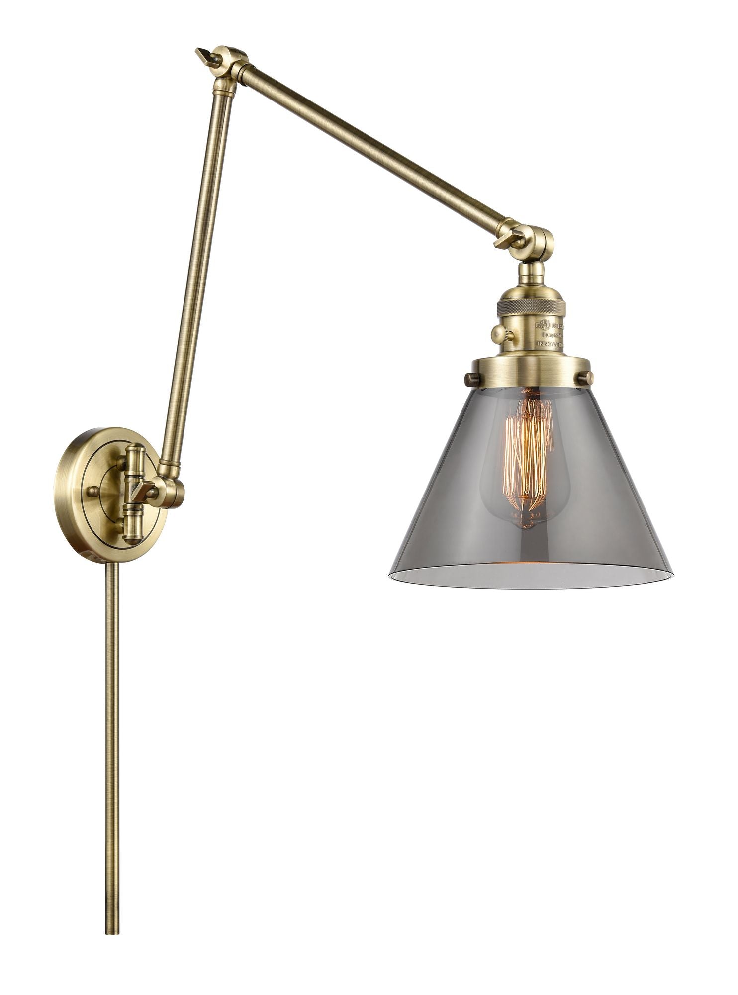 1-Light 8" Cone Swing Arm With Switch - Cone Plated Smoke Glass - Choice of Finish And Incandesent Or LED Bulbs