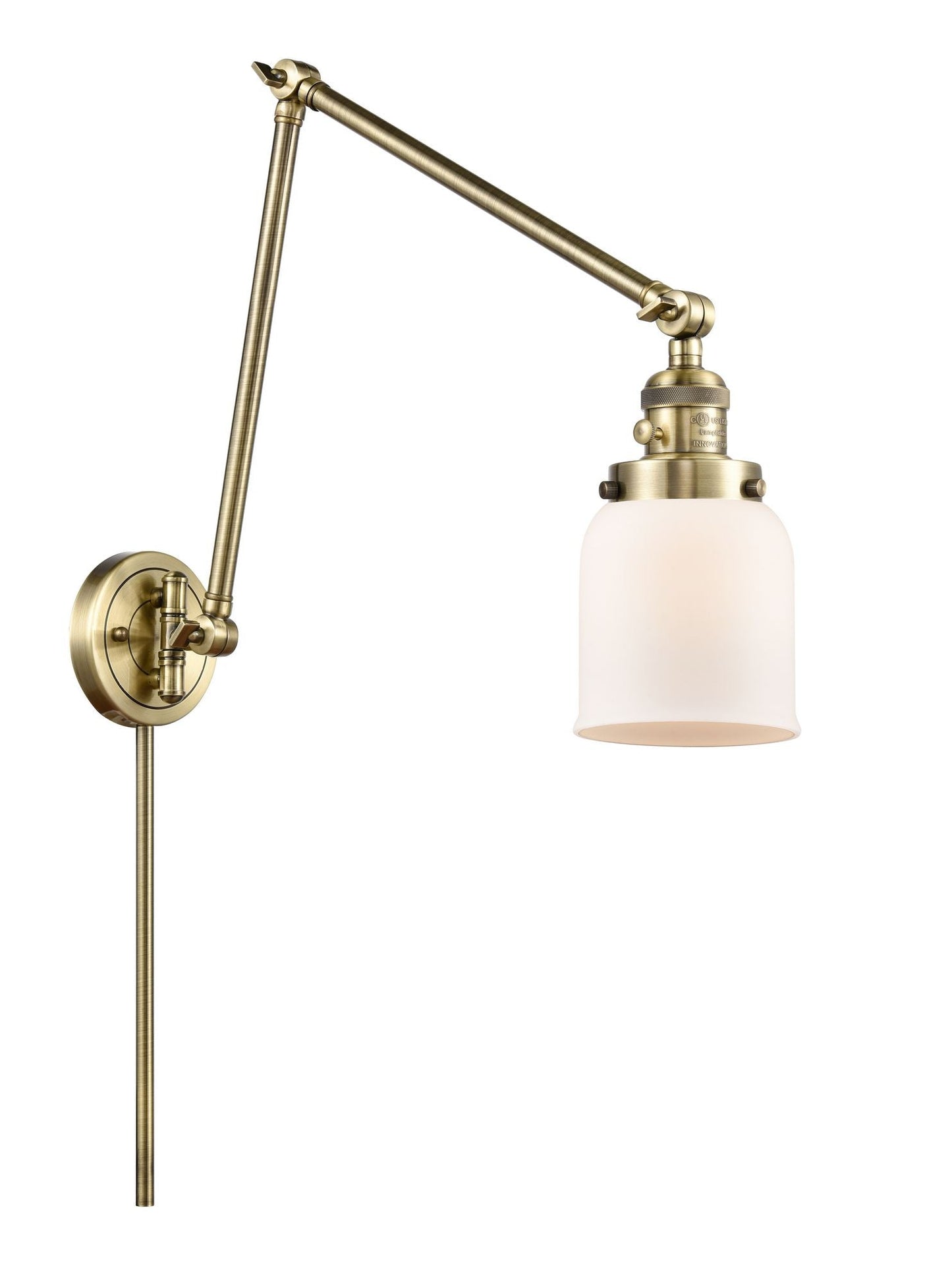 1-Light 8" Bell Swing Arm With Switch - Bell-Urn Matte White Glass - Choice of Finish And Incandesent Or LED Bulbs