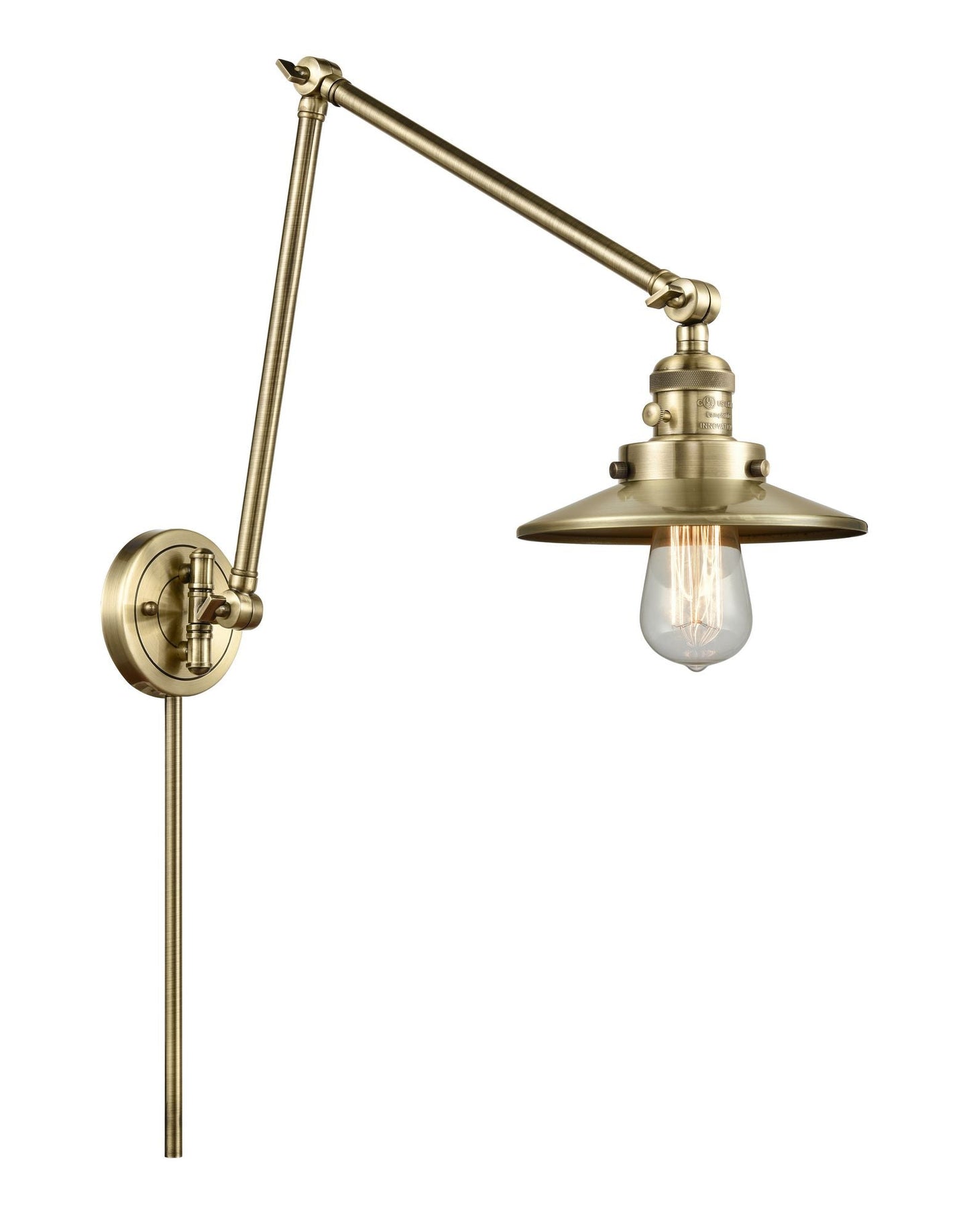 1-Light 8" Antique Brass Swing Arm - Antique Brass Railroad Shade - Incandesent Or LED Bulbs