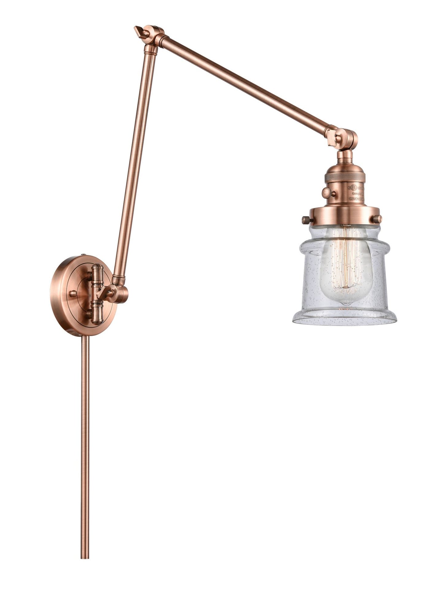 238-AC-G184S 1-Light 8" Antique Copper Swing Arm - Seedy Small Canton Glass - LED Bulb - Dimmensions: 8 x 30 x 30 - Glass Up or Down: Yes