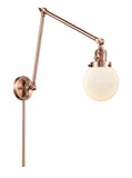 238-AC-G201-6 1-Light 6" Antique Copper Swing Arm - Matte White Cased Beacon Glass - LED Bulb - Dimmensions: 6 x 30 x 30 - Glass Up or Down: Yes