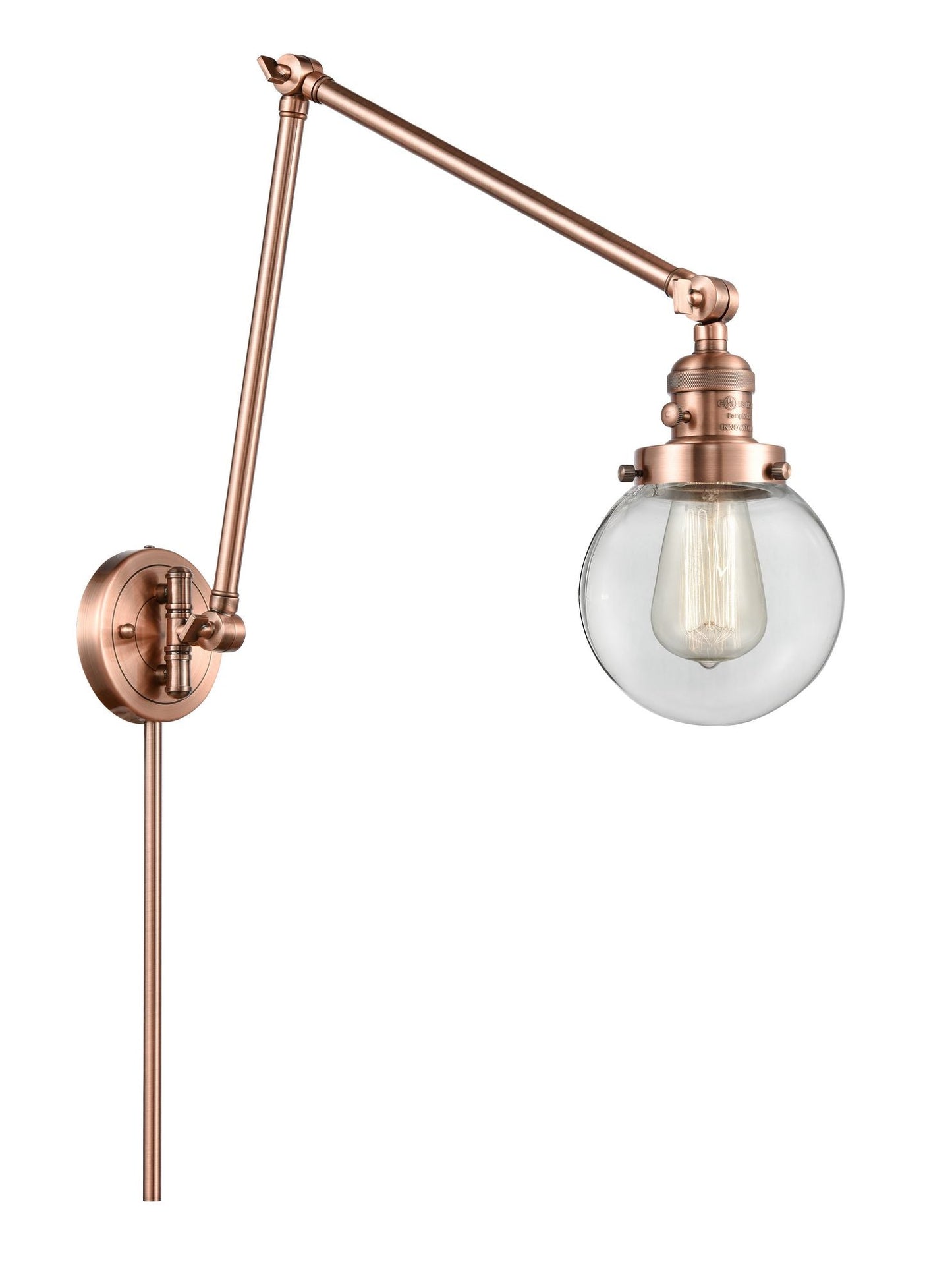 238-AC-G202-6 1-Light 6" Antique Copper Swing Arm - Clear Beacon Glass - LED Bulb - Dimmensions: 6 x 30 x 30 - Glass Up or Down: Yes