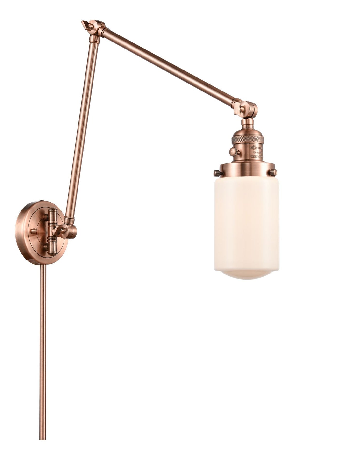 238-AC-G311 1-Light 4.5" Antique Copper Swing Arm - Matte White Cased Dover Glass - LED Bulb - Dimmensions: 4.5 x 30 x 30.75 - Glass Up or Down: Yes