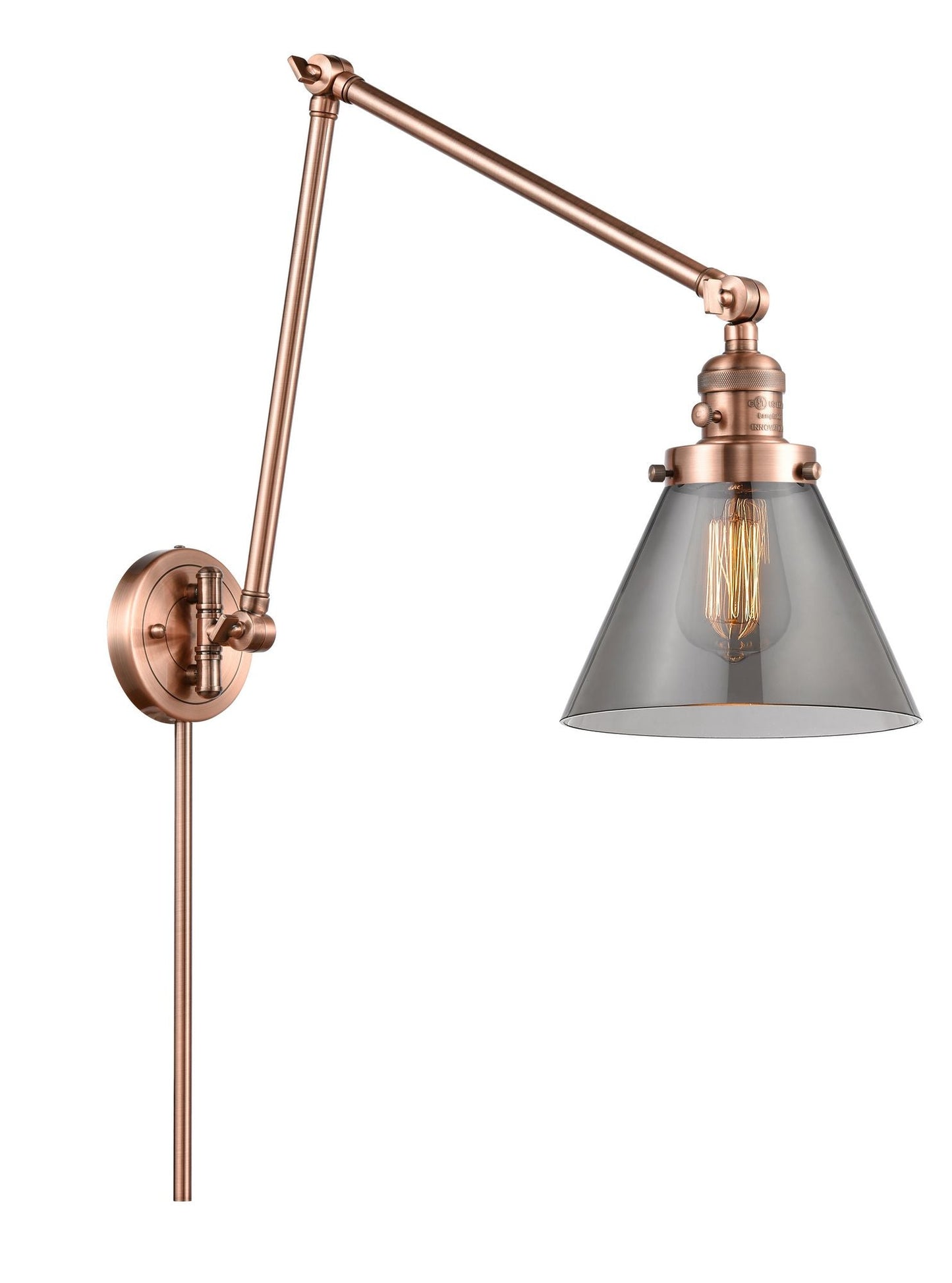 238-AC-G43 1-Light 8" Antique Copper Swing Arm - Plated Smoke Large Cone Glass - LED Bulb - Dimmensions: 8 x 30 x 30 - Glass Up or Down: Yes