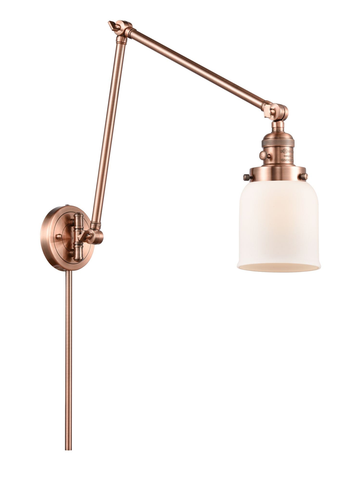 238-AC-G51 1-Light 8" Antique Copper Swing Arm - Matte White Cased Small Bell Glass - LED Bulb - Dimmensions: 8 x 30 x 30 - Glass Up or Down: Yes