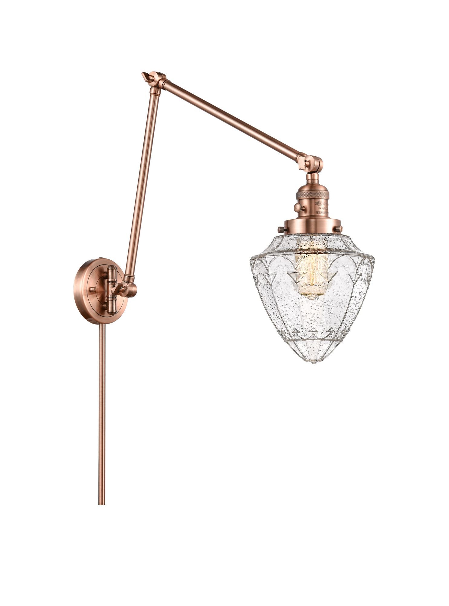 238-AC-G664-7 1-Light 7" Antique Copper Swing Arm - Seedy Small Bullet Glass - LED Bulb - Dimmensions: 7 x 31.5 x 15.75 - Glass Up or Down: Yes