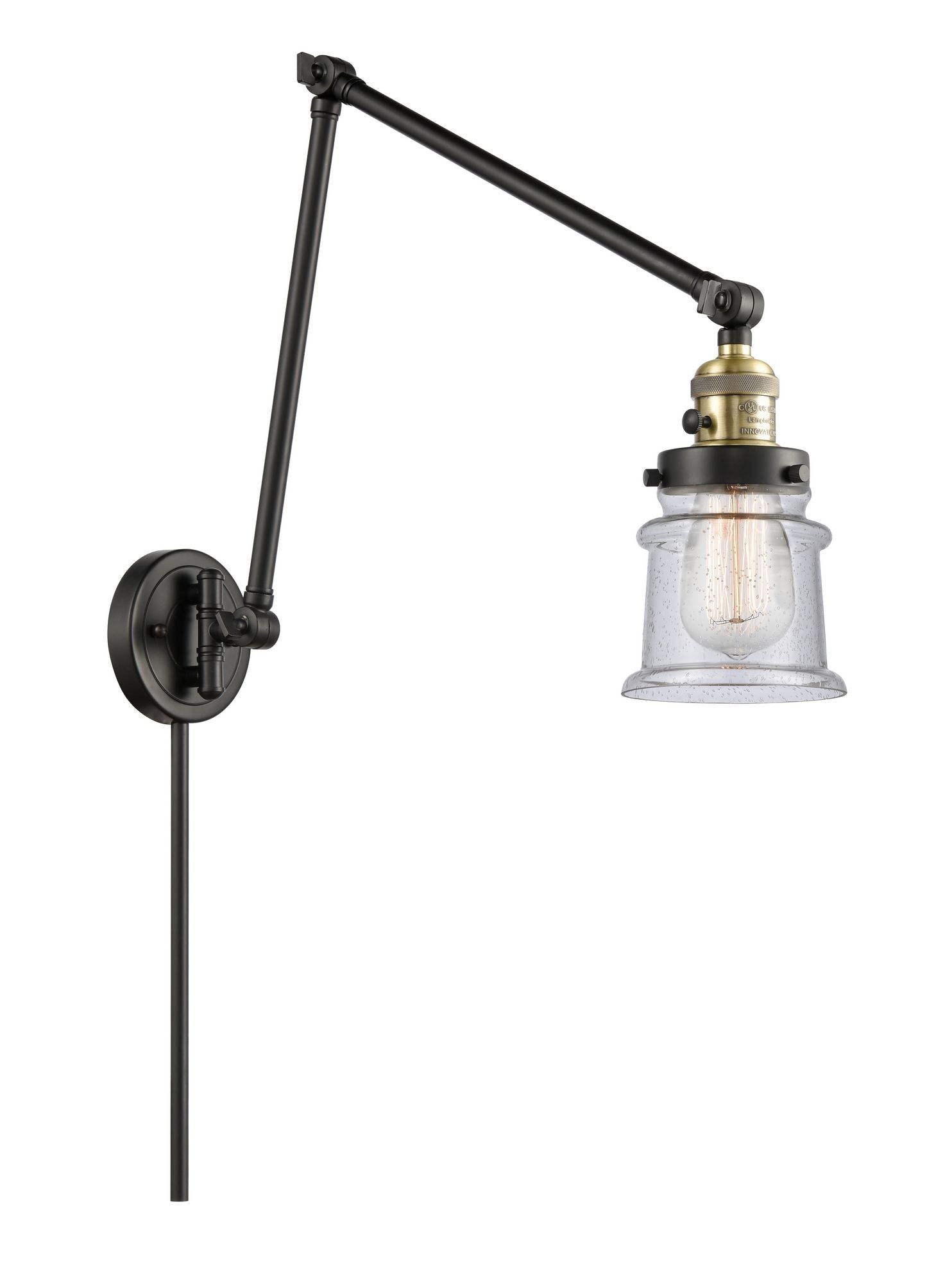 238-BAB-G184S 1-Light 8" Black Antique Brass Swing Arm - Seedy Small Canton Glass - LED Bulb - Dimmensions: 8 x 30 x 30 - Glass Up or Down: Yes