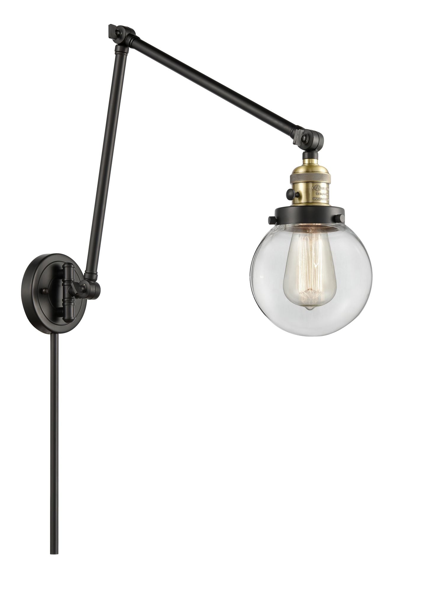 238-BAB-G202-6 1-Light 6" Black Antique Brass Swing Arm - Clear Beacon Glass - LED Bulb - Dimmensions: 6 x 30 x 30 - Glass Up or Down: Yes
