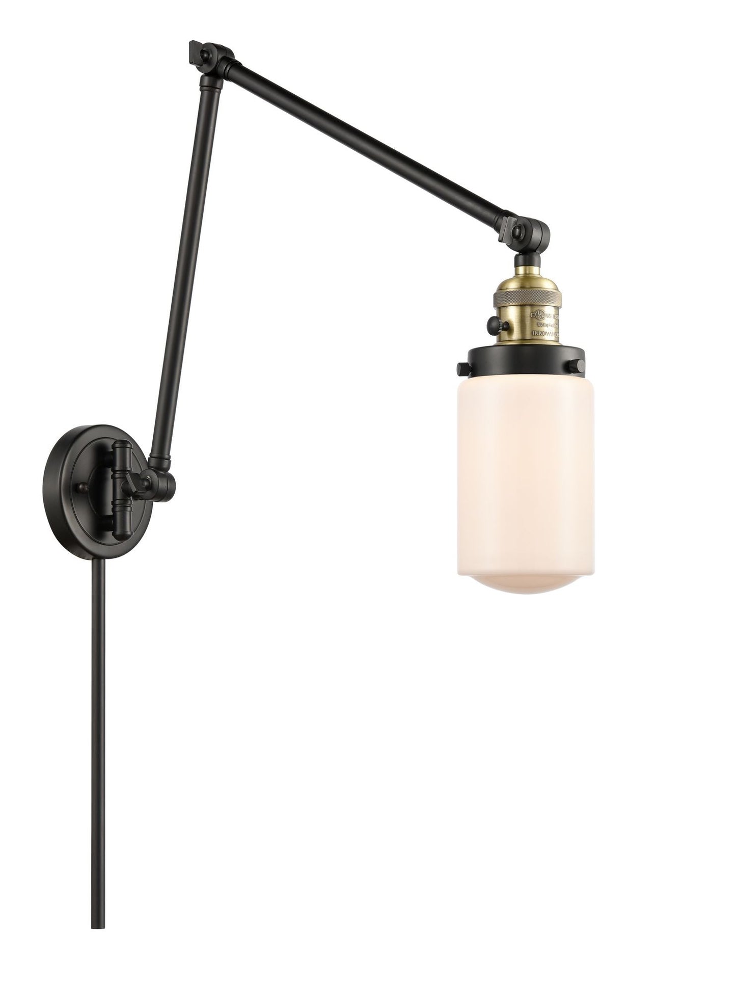 238-BAB-G311 1-Light 4.5" Black Antique Brass Swing Arm - Matte White Cased Dover Glass - LED Bulb - Dimmensions: 4.5 x 30 x 30.75 - Glass Up or Down: Yes