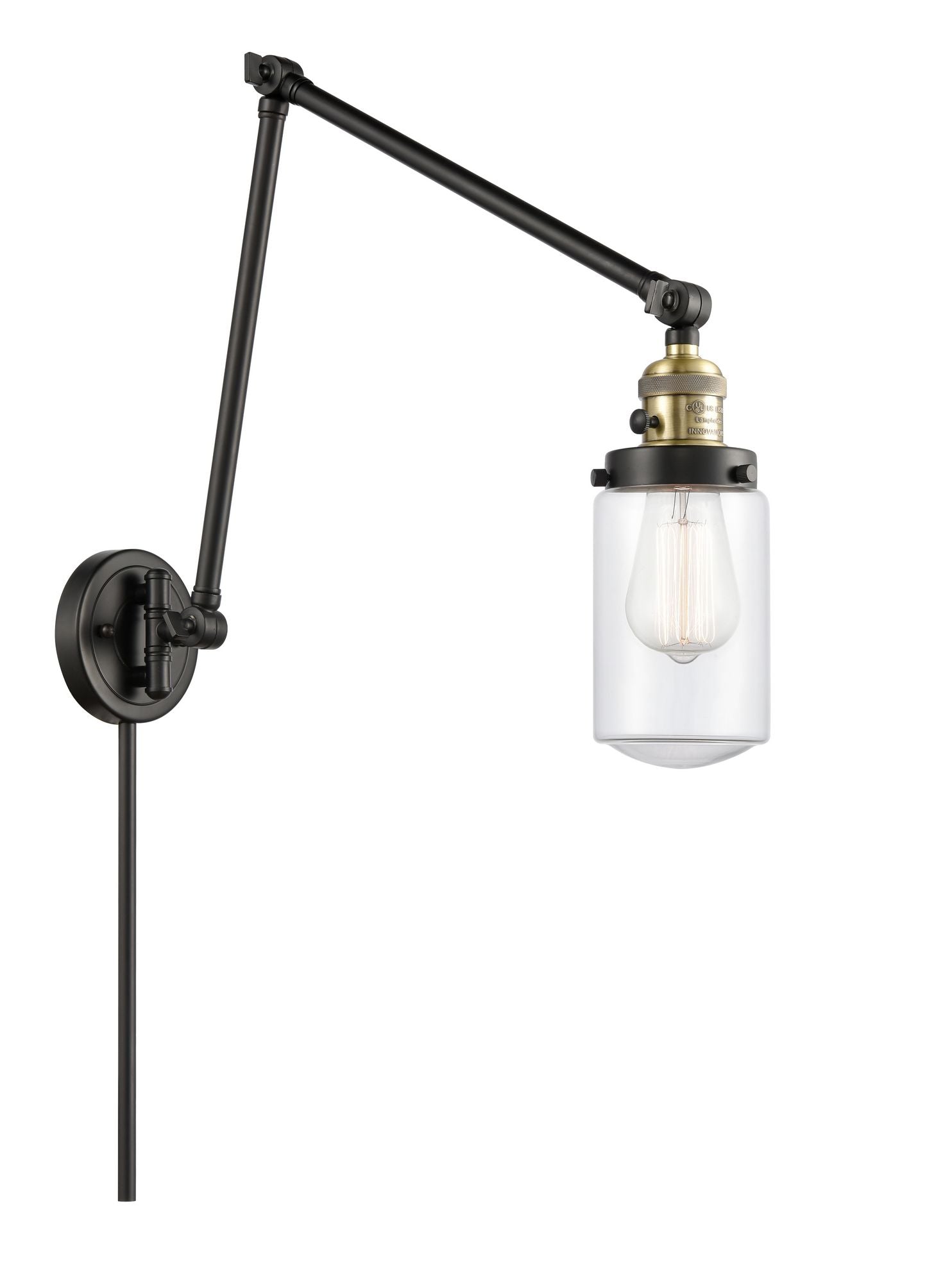238-BAB-G312 1-Light 4.5" Black Antique Brass Swing Arm - Clear Dover Glass - LED Bulb - Dimmensions: 4.5 x 30 x 30.75 - Glass Up or Down: Yes