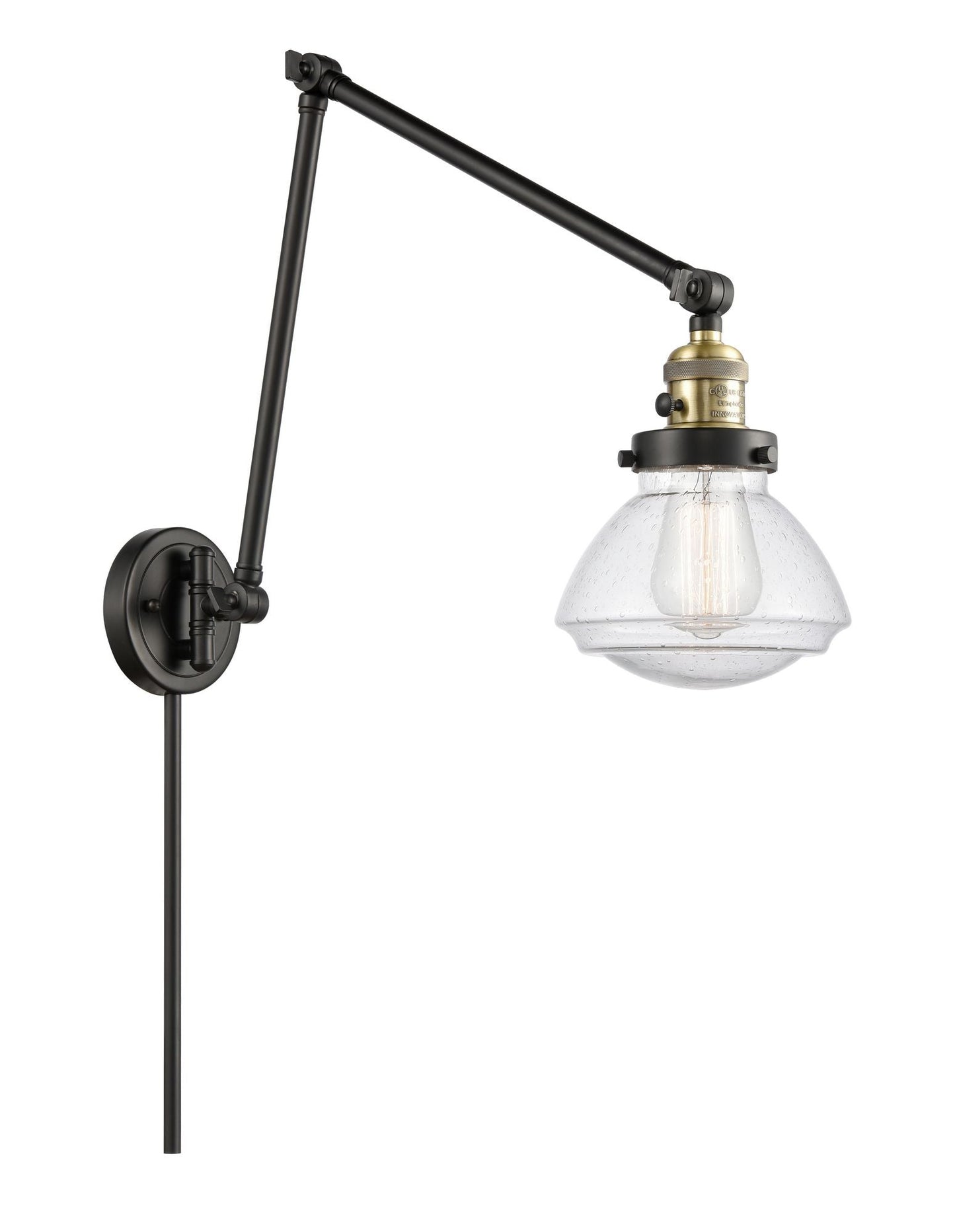 238-BAB-G324 1-Light 8.75" Black Antique Brass Swing Arm - Seedy Olean Glass - LED Bulb - Dimmensions: 8.75 x 28.125 x 27.75 - Glass Up or Down: Yes