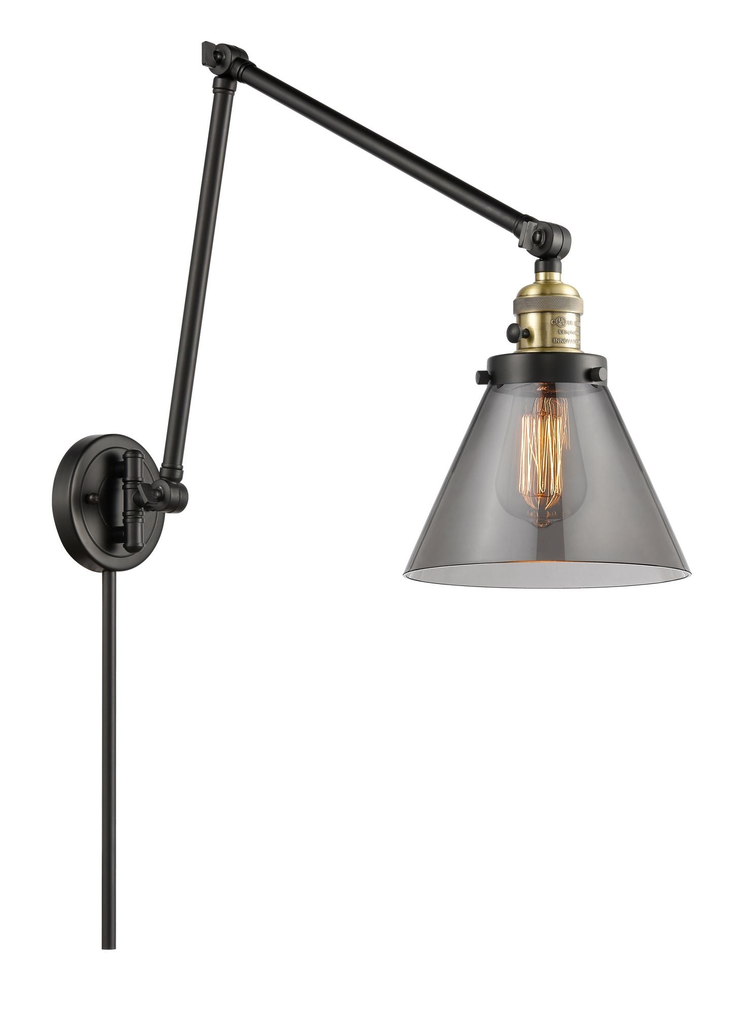 238-BAB-G43 1-Light 8" Black Antique Brass Swing Arm - Plated Smoke Large Cone Glass - LED Bulb - Dimmensions: 8 x 30 x 30 - Glass Up or Down: Yes