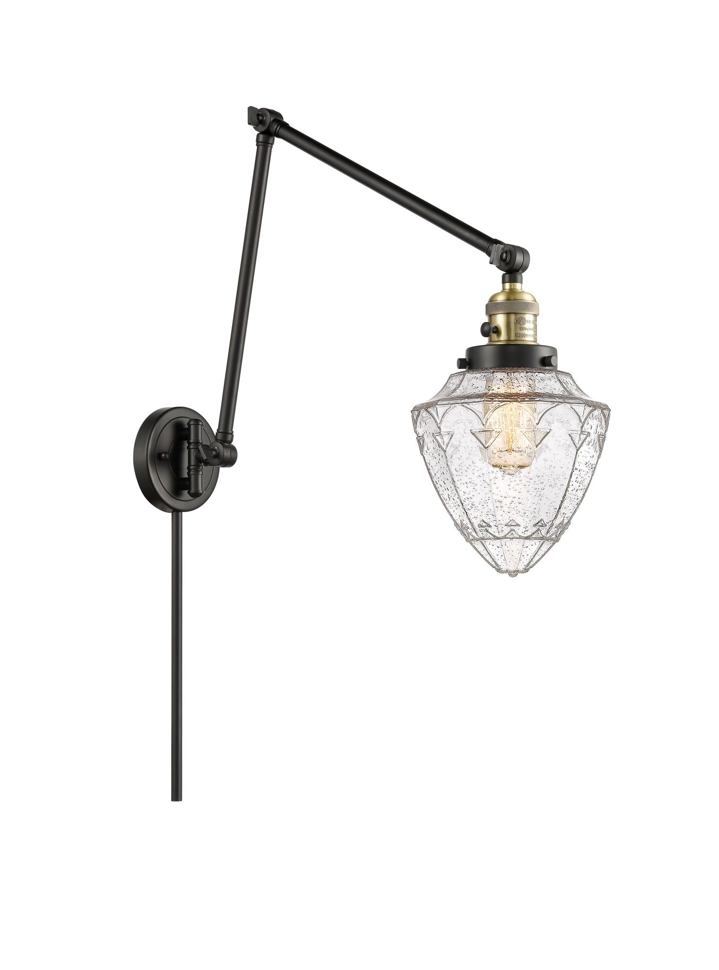 238-BAB-G664-7 1-Light 7" Black Antique Brass Swing Arm - Seedy Small Bullet Glass - LED Bulb - Dimmensions: 7 x 31.5 x 15.75 - Glass Up or Down: Yes