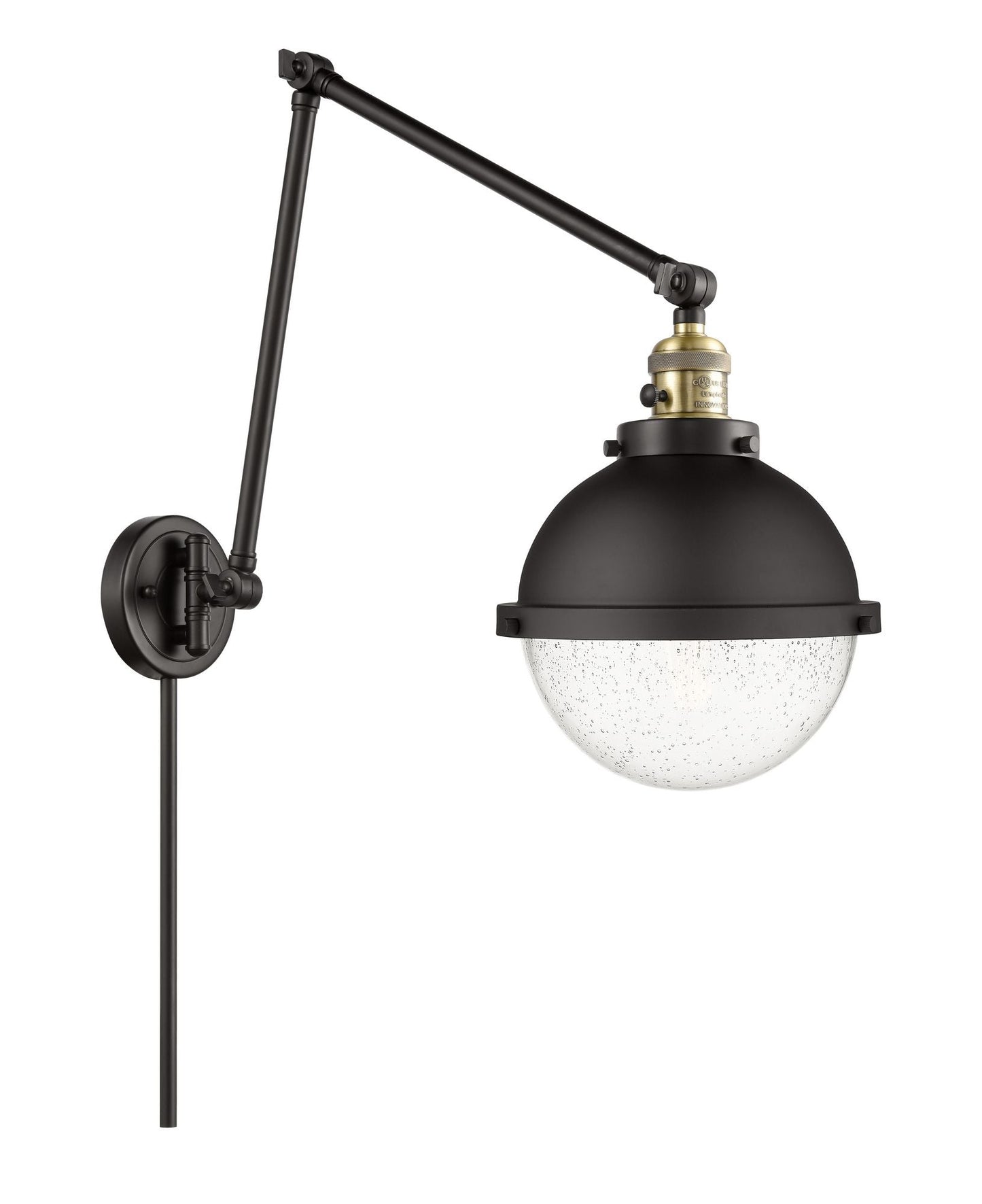 1-Light 9" Black Antique Brass Seedy Hampden Swing Arm With Switch - Globe-Orb Seedy Glass - Incandesent Or LED Bulbs