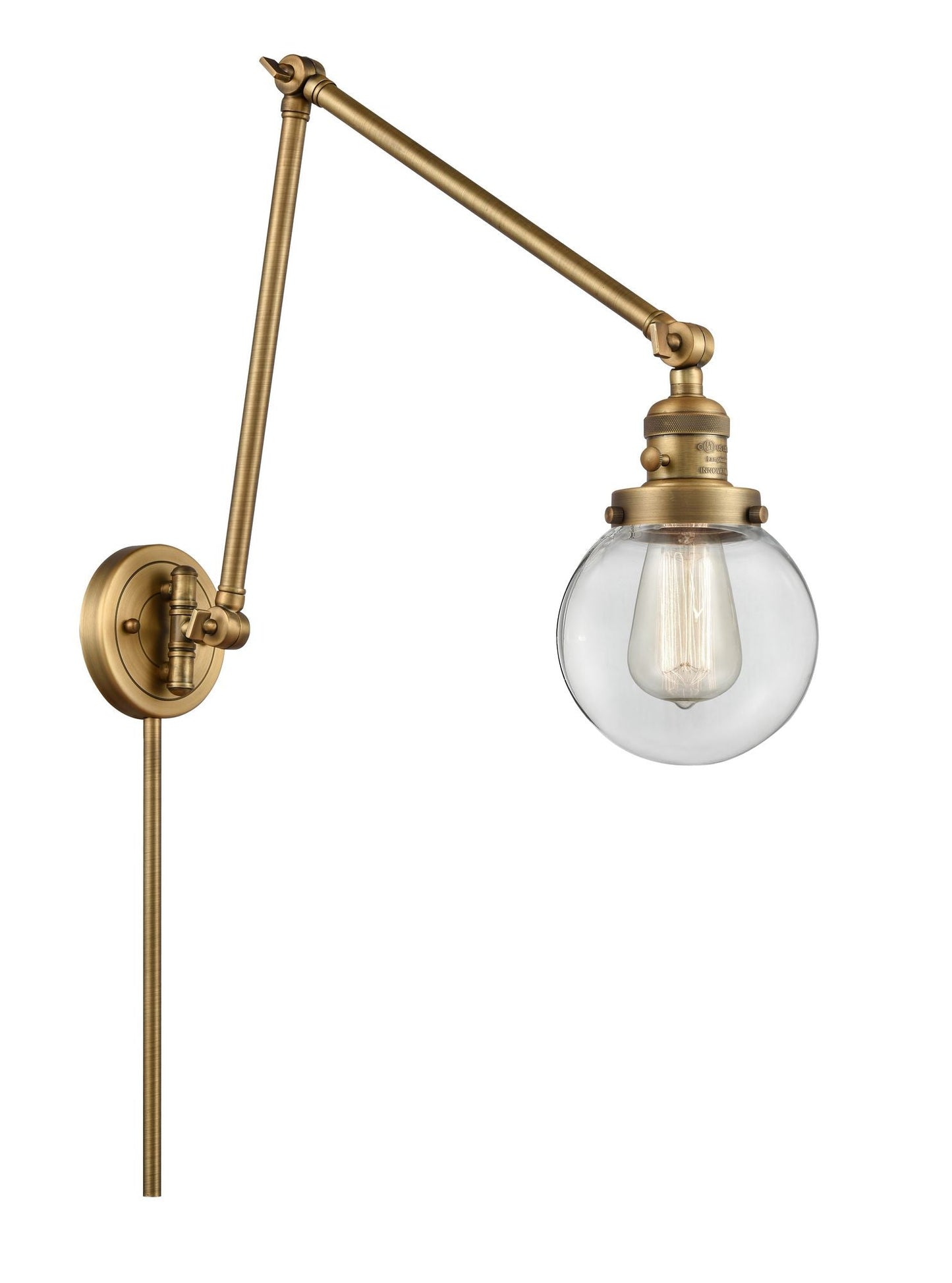 238-BB-G202-6 1-Light 6" Brushed Brass Swing Arm - Clear Beacon Glass - LED Bulb - Dimmensions: 6 x 30 x 30 - Glass Up or Down: Yes