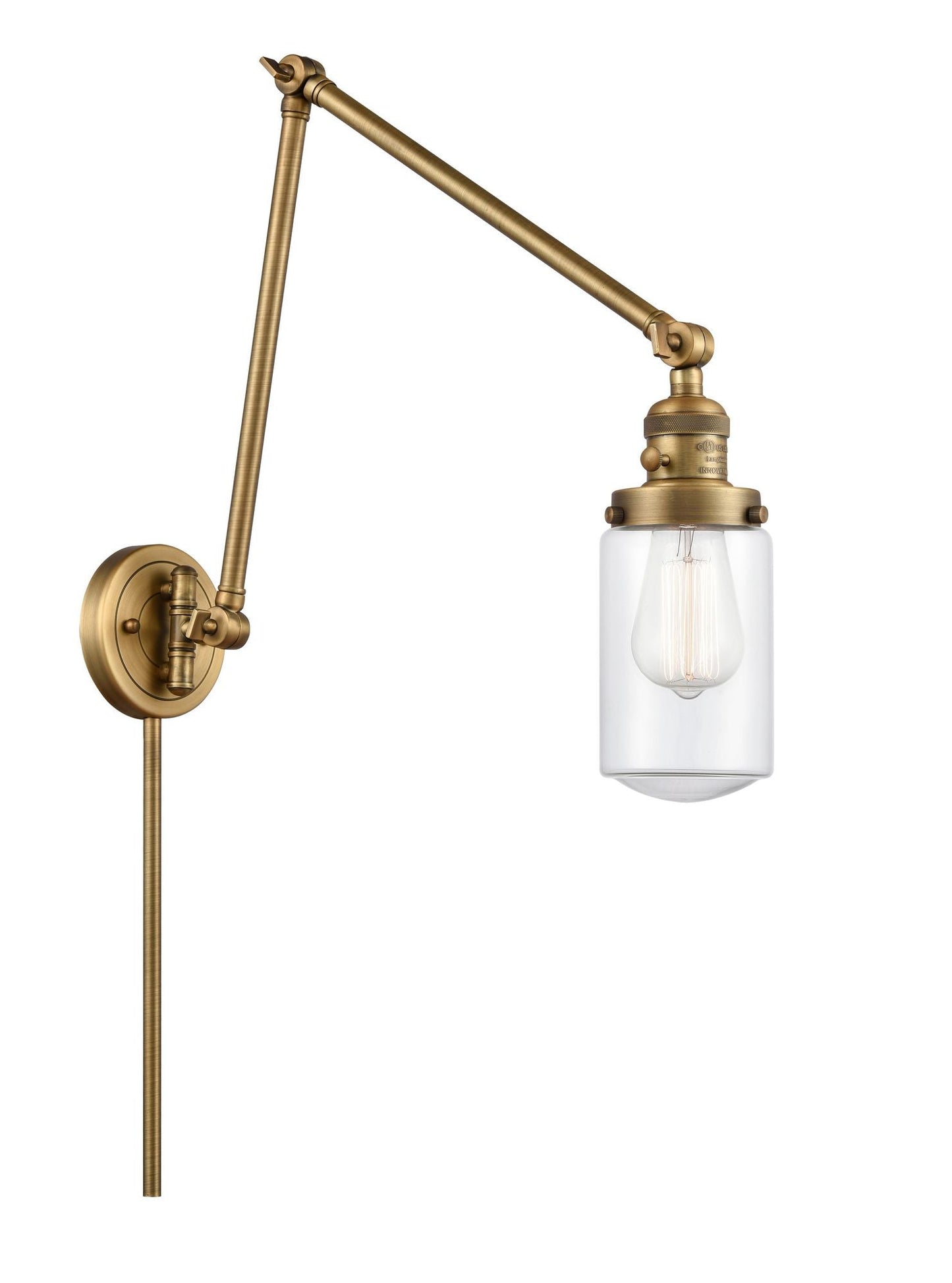 238-BB-G312 1-Light 4.5" Brushed Brass Swing Arm - Clear Dover Glass - LED Bulb - Dimmensions: 4.5 x 30 x 30.75 - Glass Up or Down: Yes