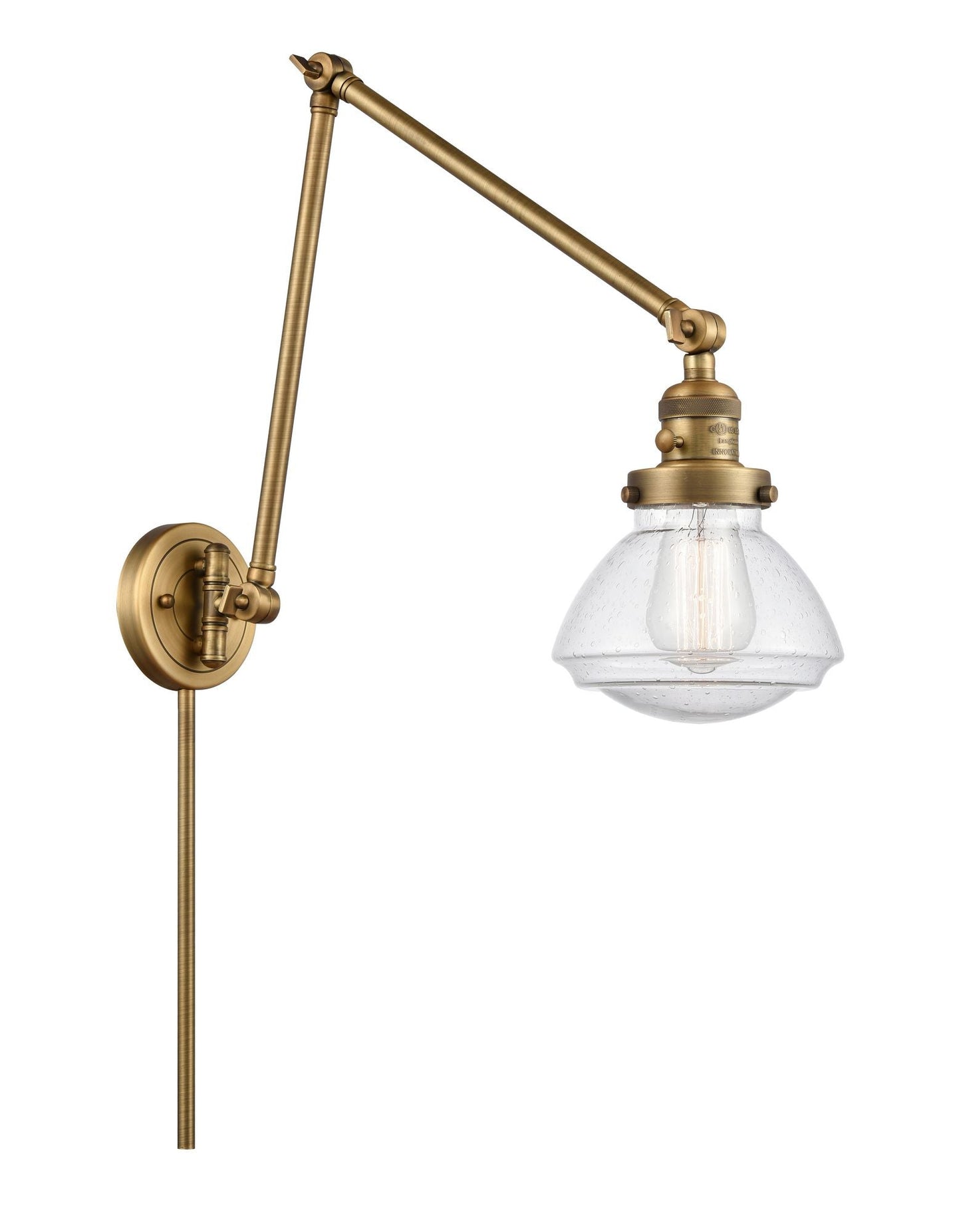 238-BB-G324 1-Light 8.75" Brushed Brass Swing Arm - Seedy Olean Glass - LED Bulb - Dimmensions: 8.75 x 28.125 x 27.75 - Glass Up or Down: Yes