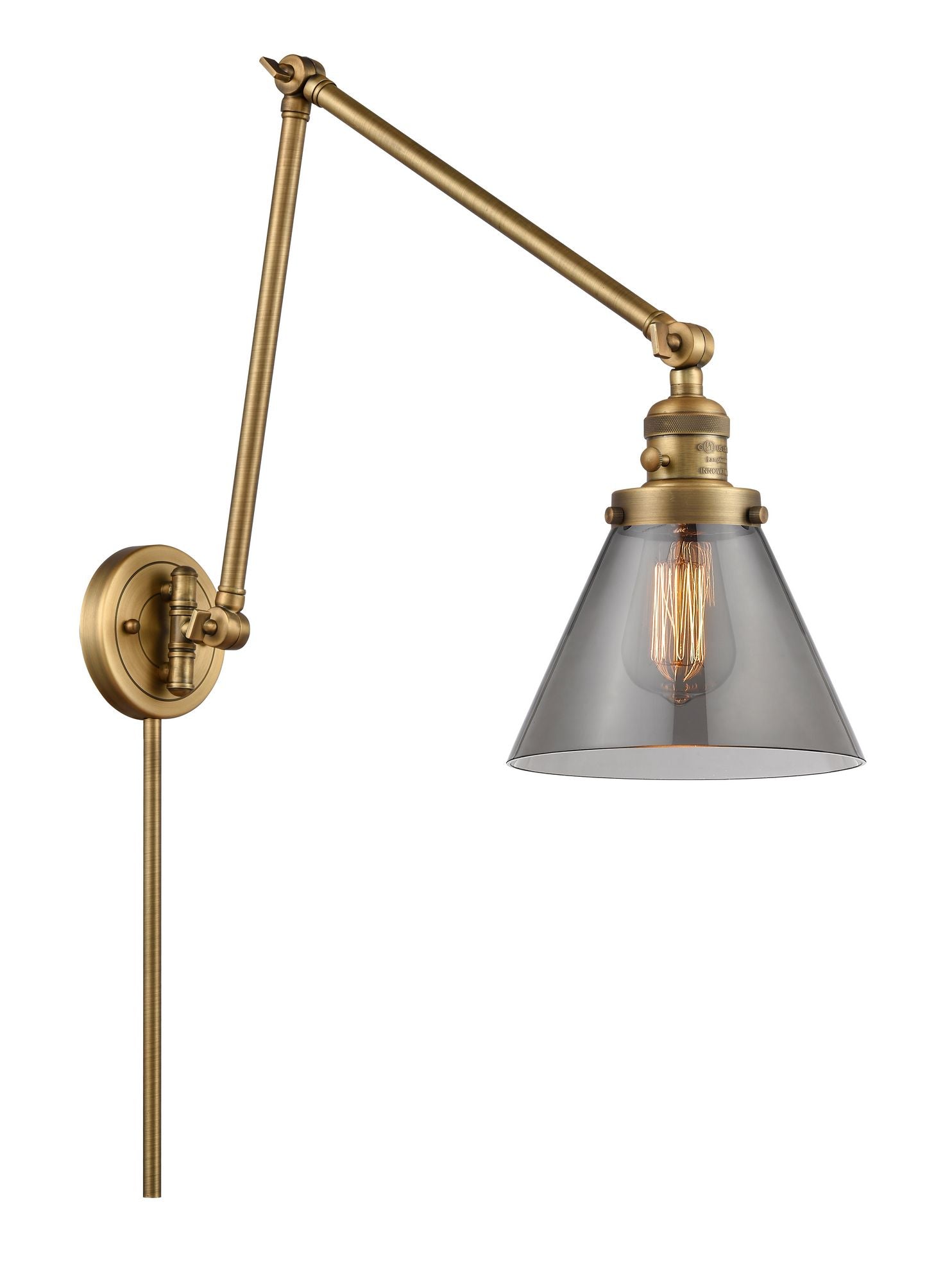 238-BB-G43 1-Light 8" Brushed Brass Swing Arm - Plated Smoke Large Cone Glass - LED Bulb - Dimmensions: 8 x 30 x 30 - Glass Up or Down: Yes