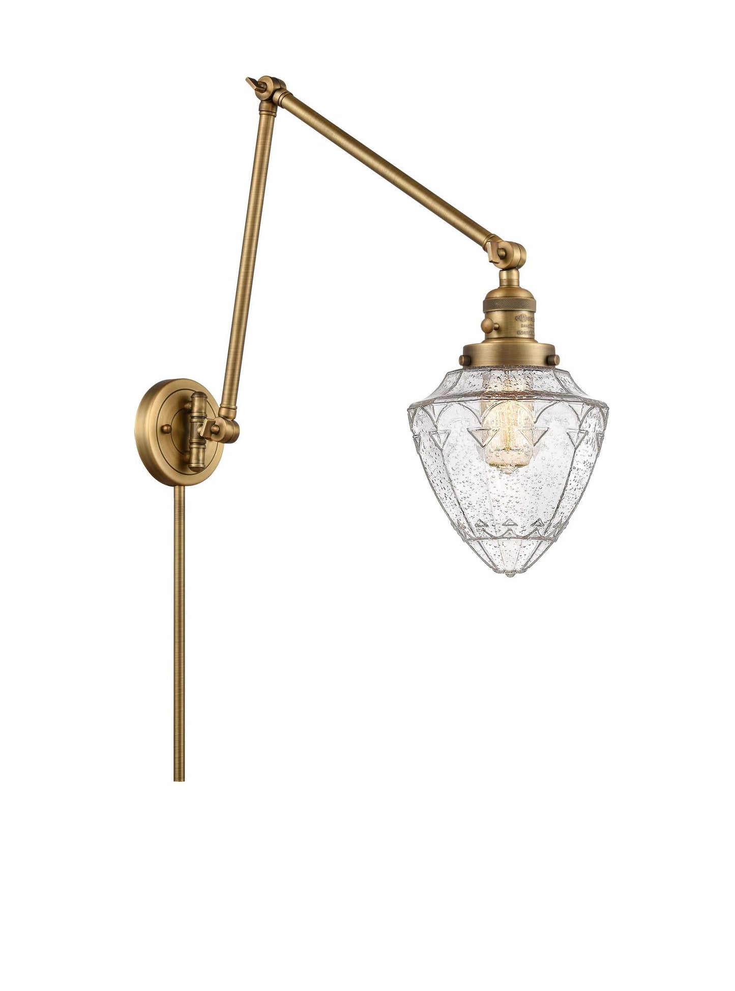 238-BB-G664-7 1-Light 7" Brushed Brass Swing Arm - Seedy Small Bullet Glass - LED Bulb - Dimmensions: 7 x 31.5 x 15.75 - Glass Up or Down: Yes