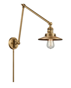 1-Light 8" Brushed Brass Swing Arm - Brushed Brass Railroad Shade - Incandesent Or LED Bulbs