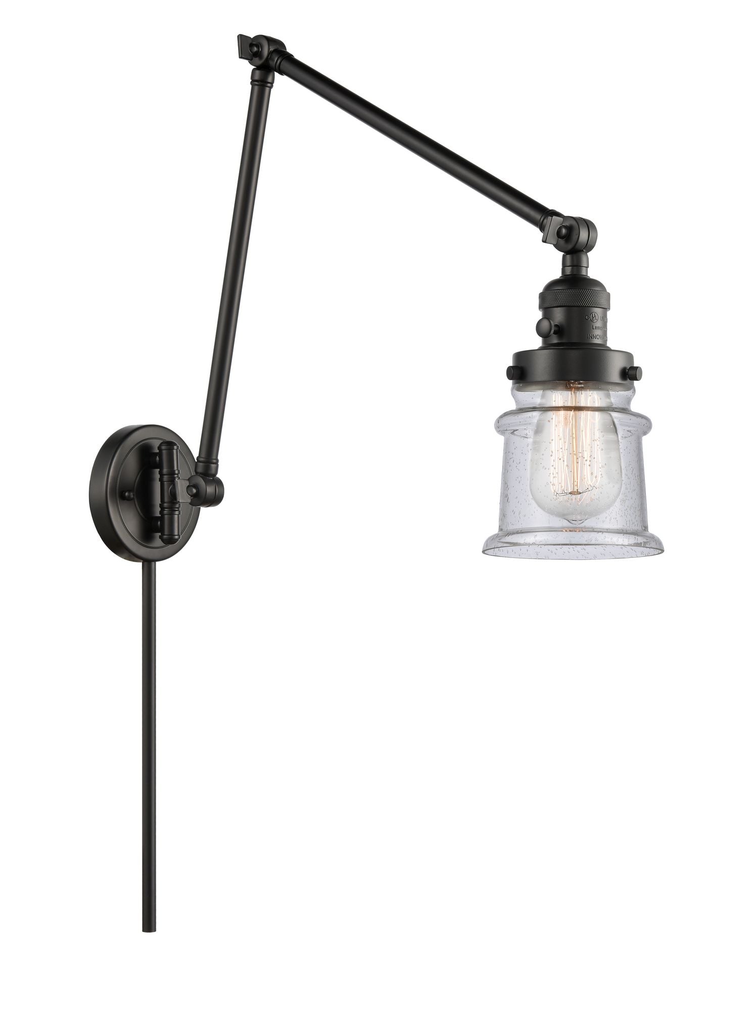 238-BK-G184S 1-Light 8" Matte Black Swing Arm - Seedy Small Canton Glass - LED Bulb - Dimmensions: 8 x 30 x 30 - Glass Up or Down: Yes