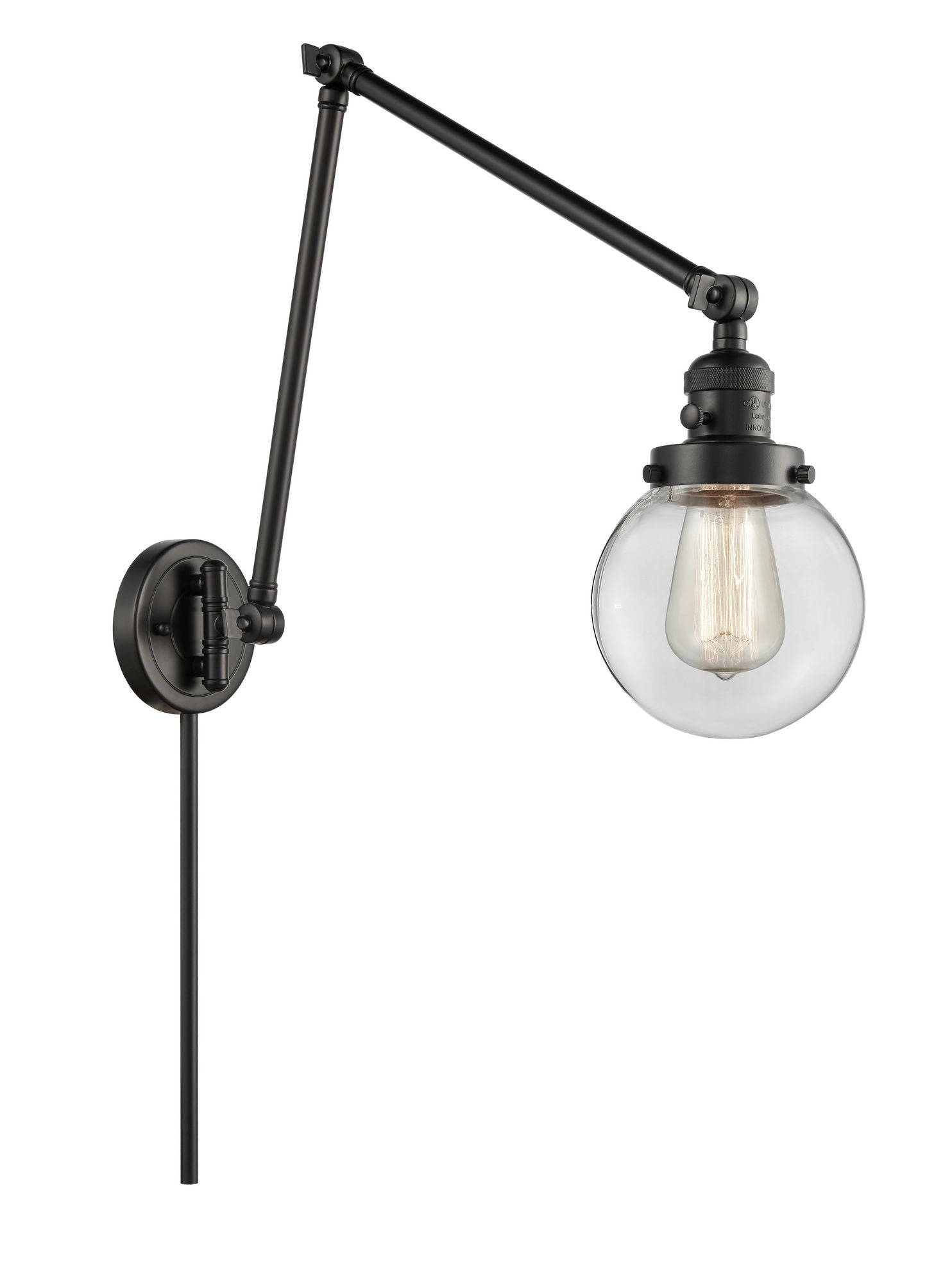 238-BK-G202-6 1-Light 6" Matte Black Swing Arm - Clear Beacon Glass - LED Bulb - Dimmensions: 6 x 30 x 30 - Glass Up or Down: Yes